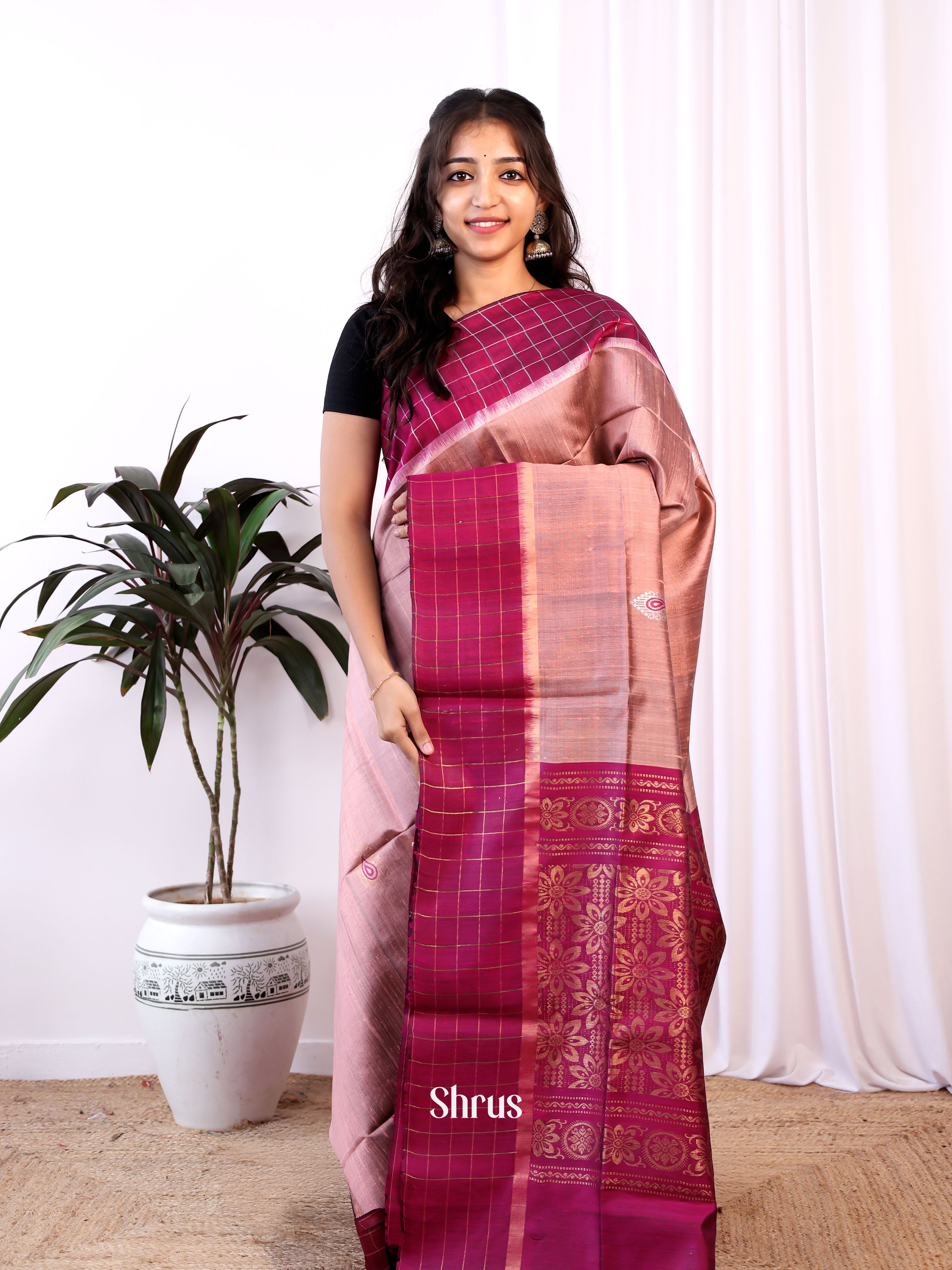 Onion Peel & Maroon - Raw Silk Saree - Shop on Shrus.com