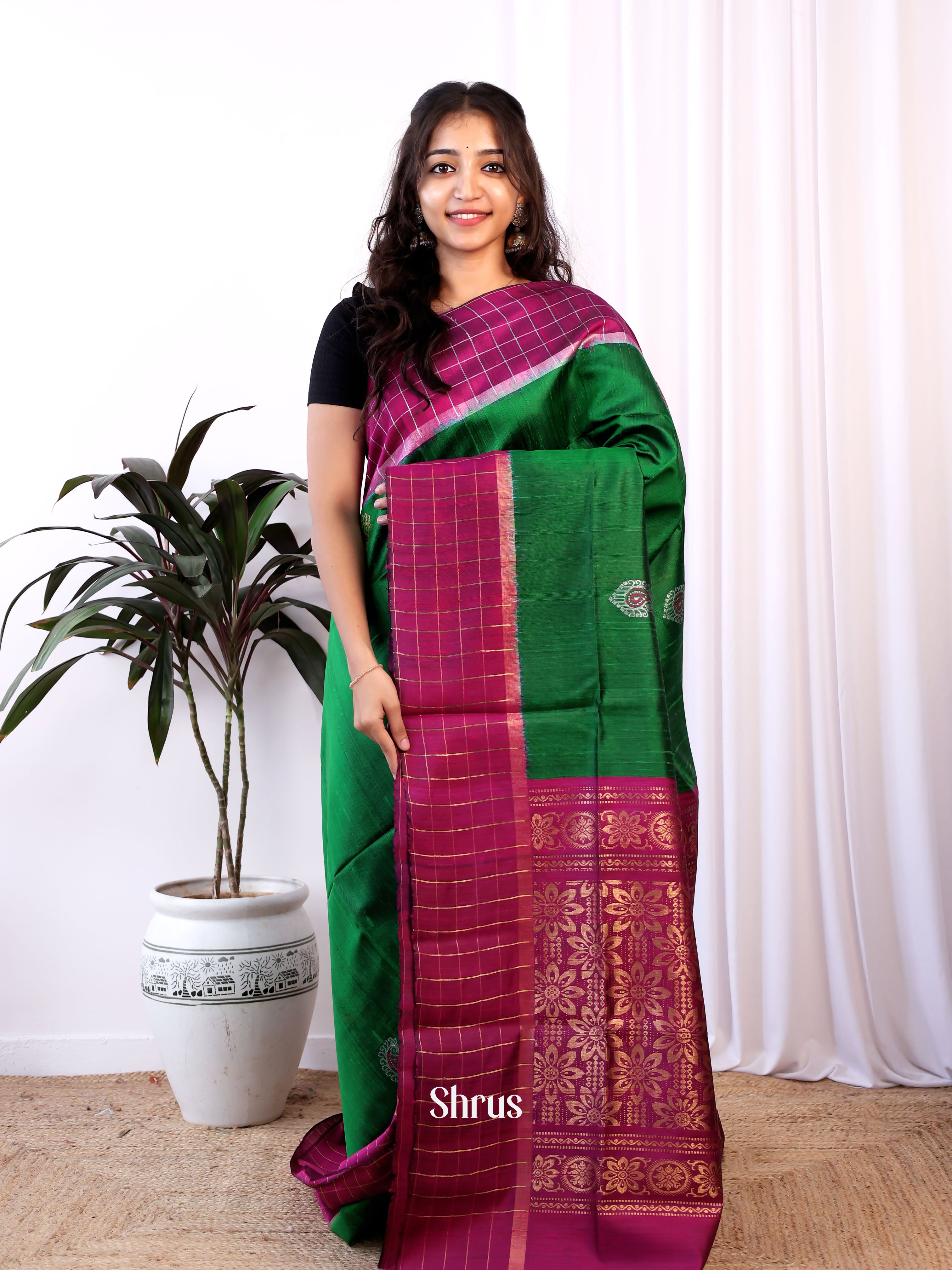 Green & Maroon - Raw Silk Saree - Shop on Shrus.com