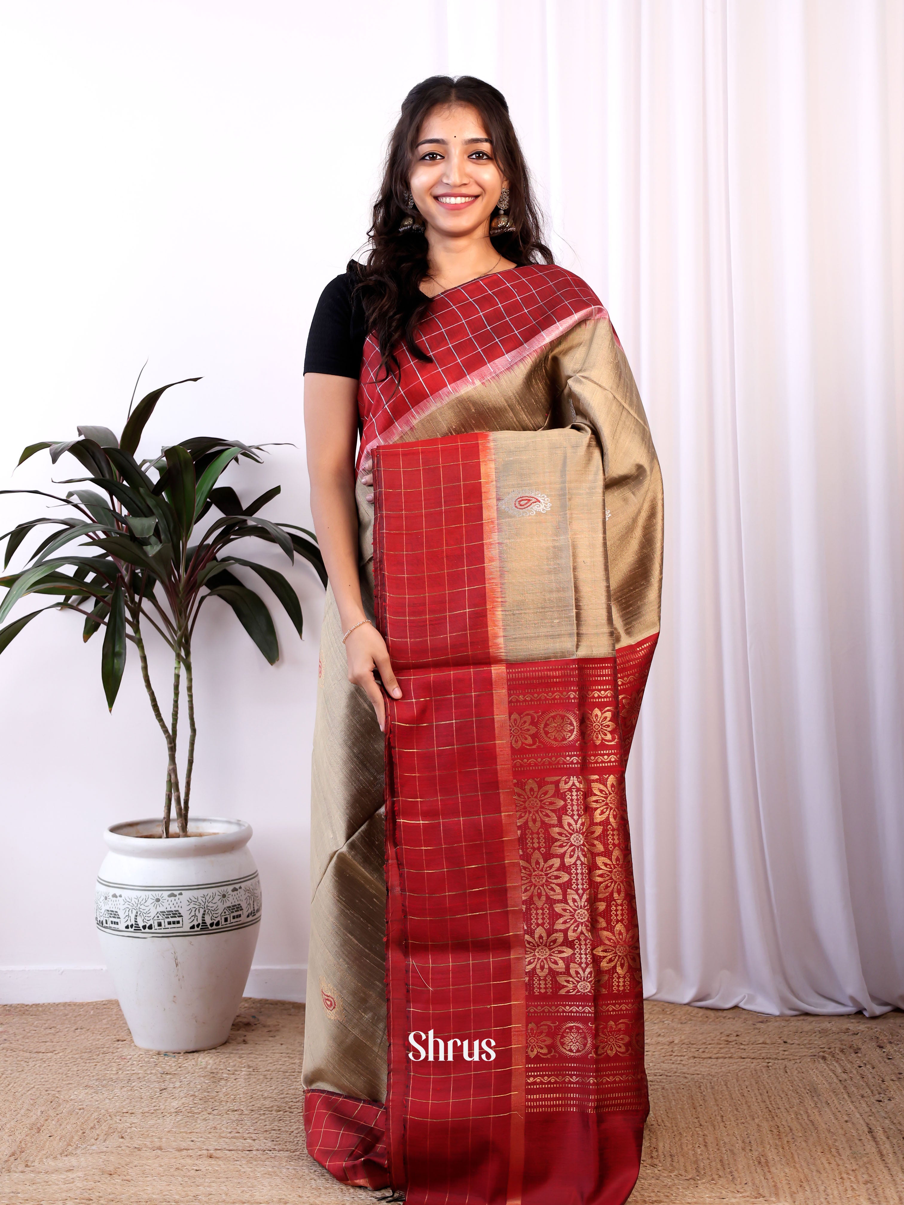 Grey & Maroon - Raw Silk Saree - Shop on Shrus.com