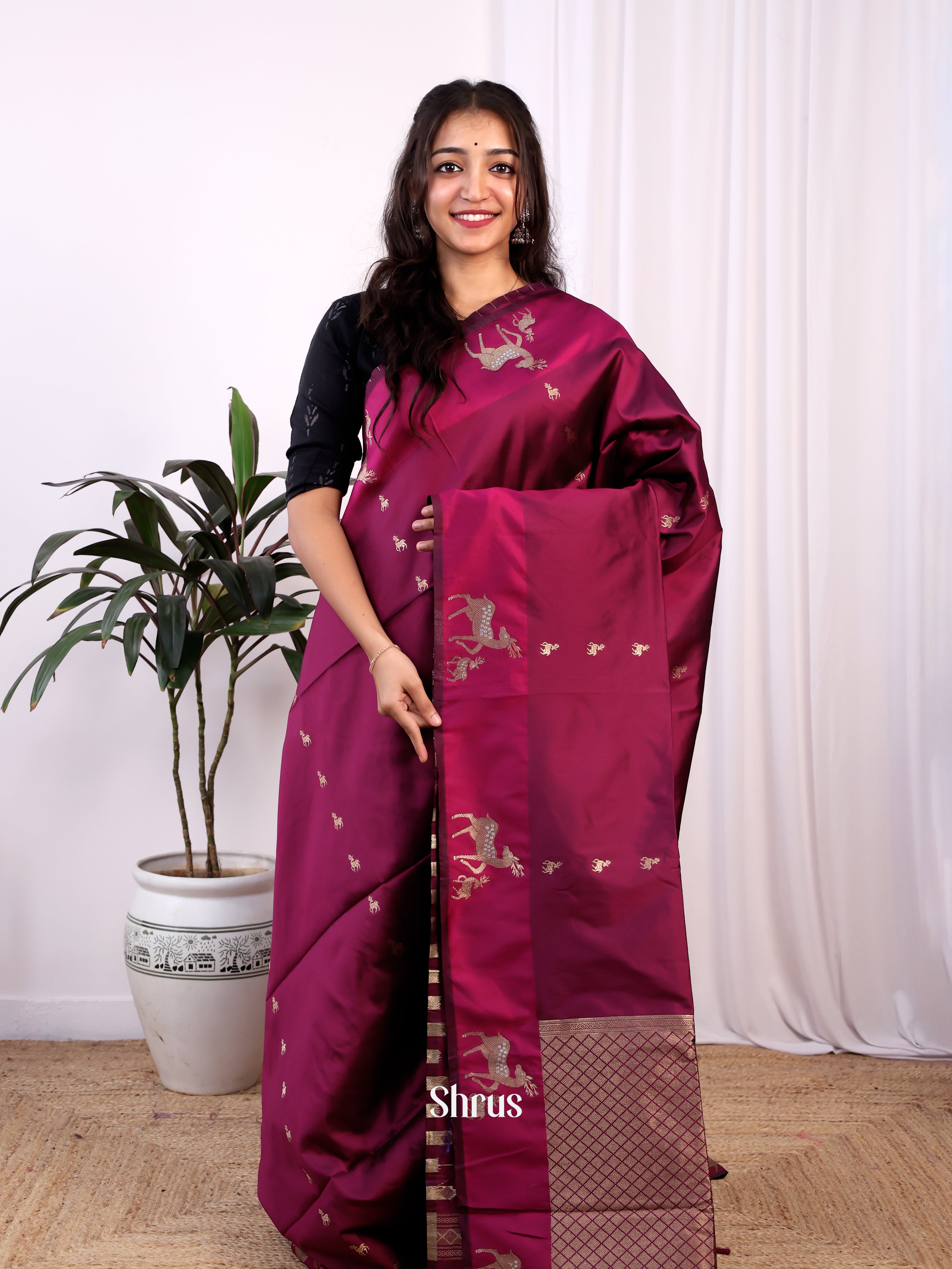 Wine - Semi Softsilk Saree - Shop on Shrus.com