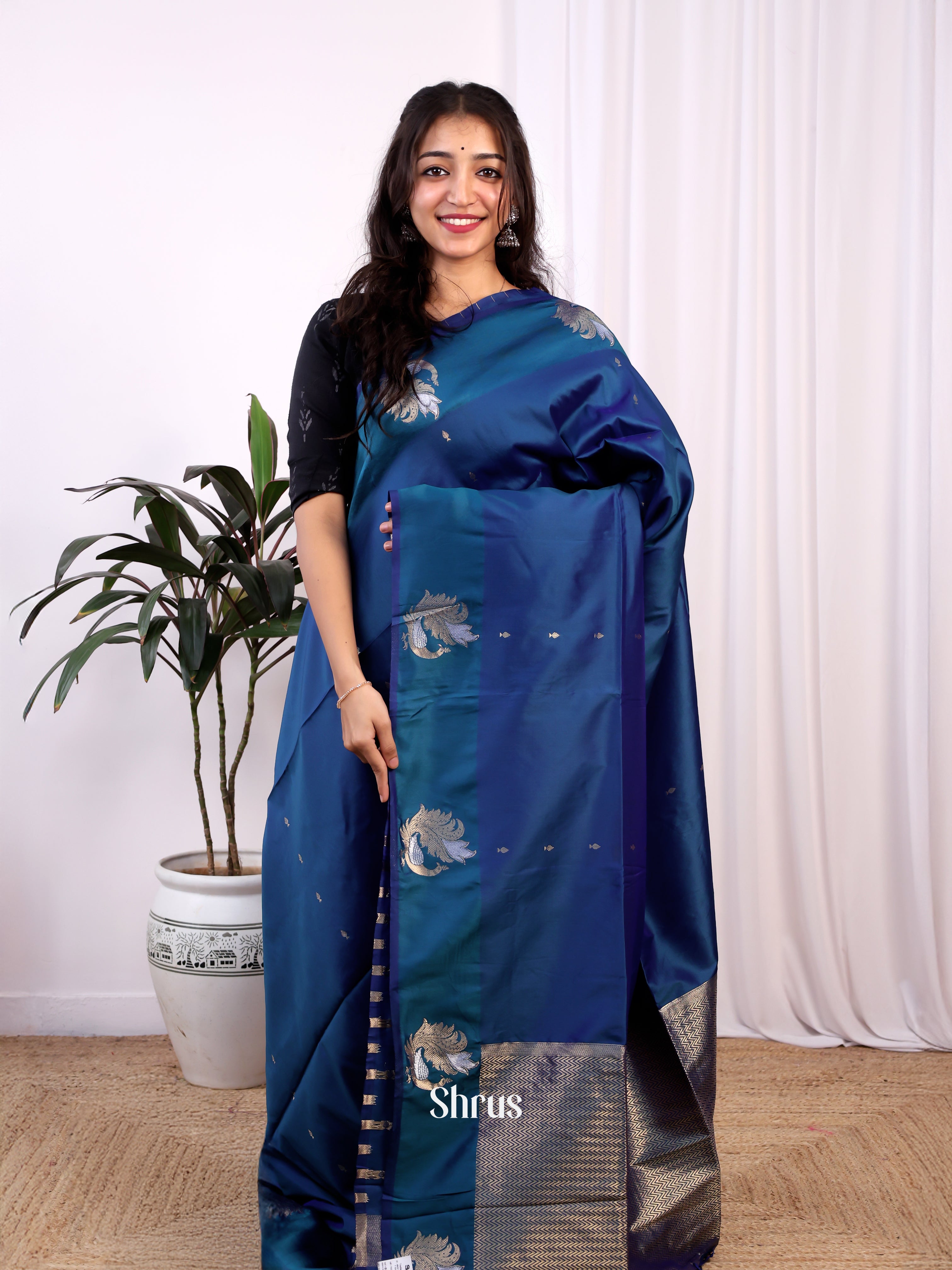 Blue - Semi Softsilk Saree - Shop on Shrus.com