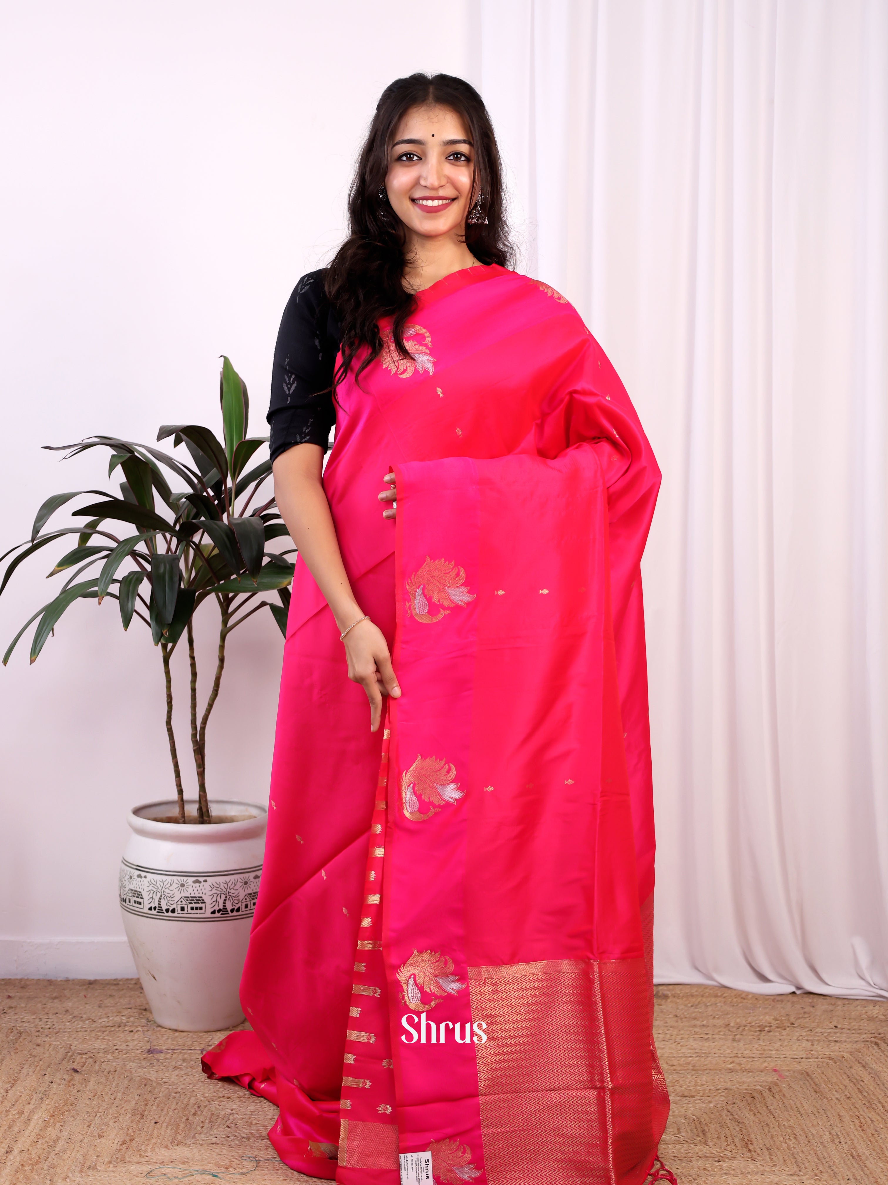 Pink - Semi Softsilk Saree - Shop on Shrus.com