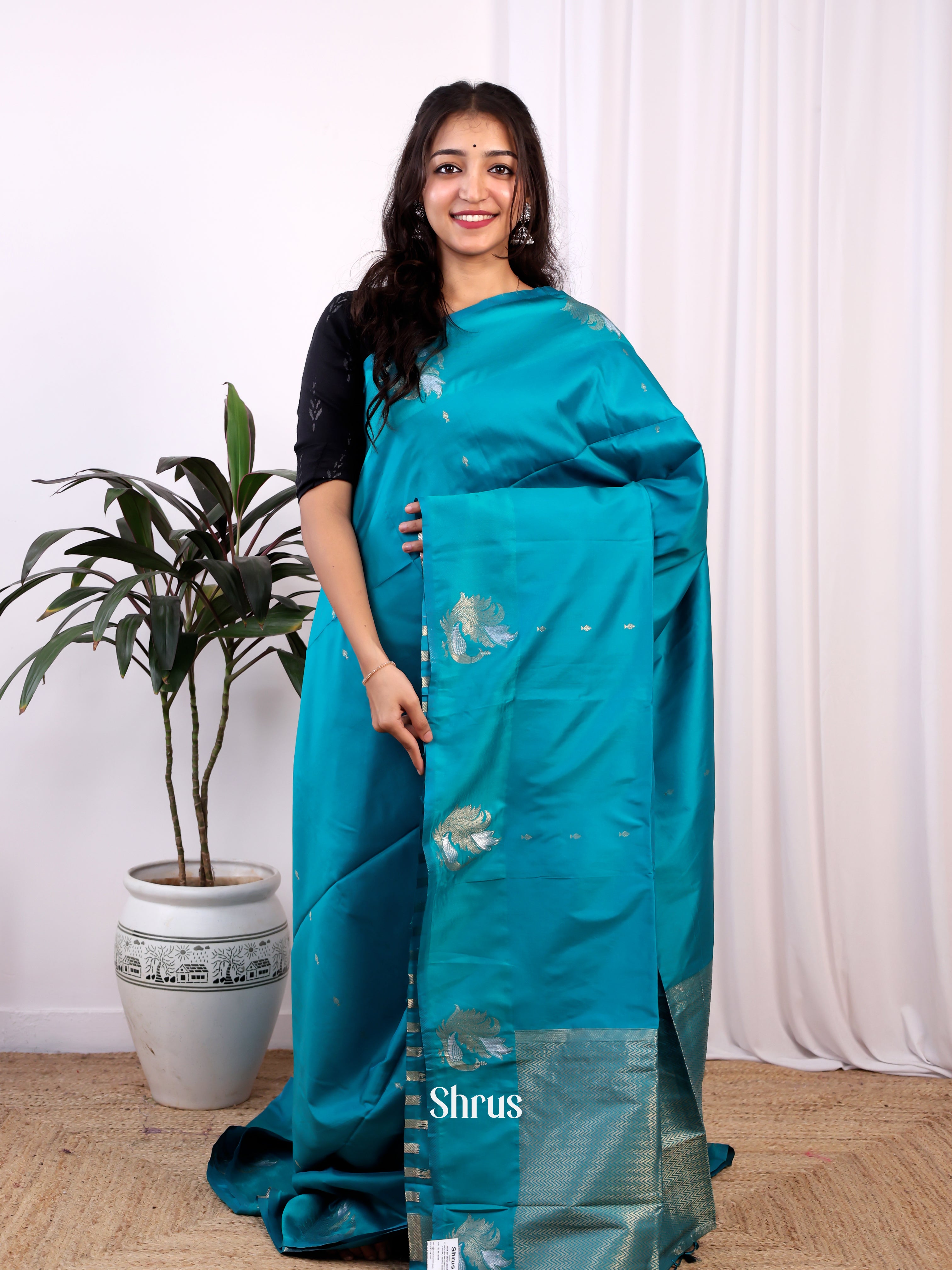 Teal - Semi Softsilk Saree - Shop on Shrus.com