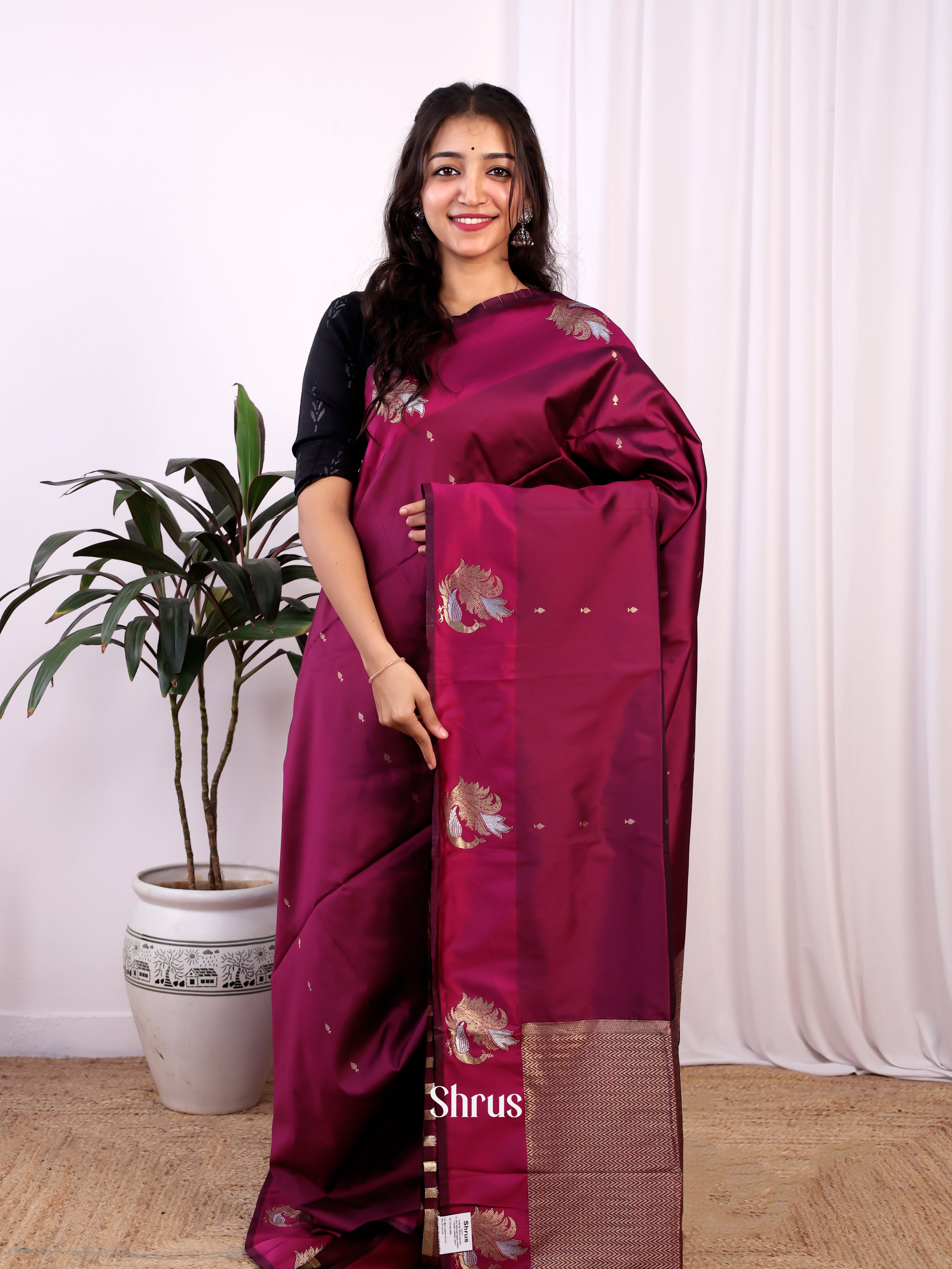 Wine - Semi Softsilk Saree - Shop on Shrus.com
