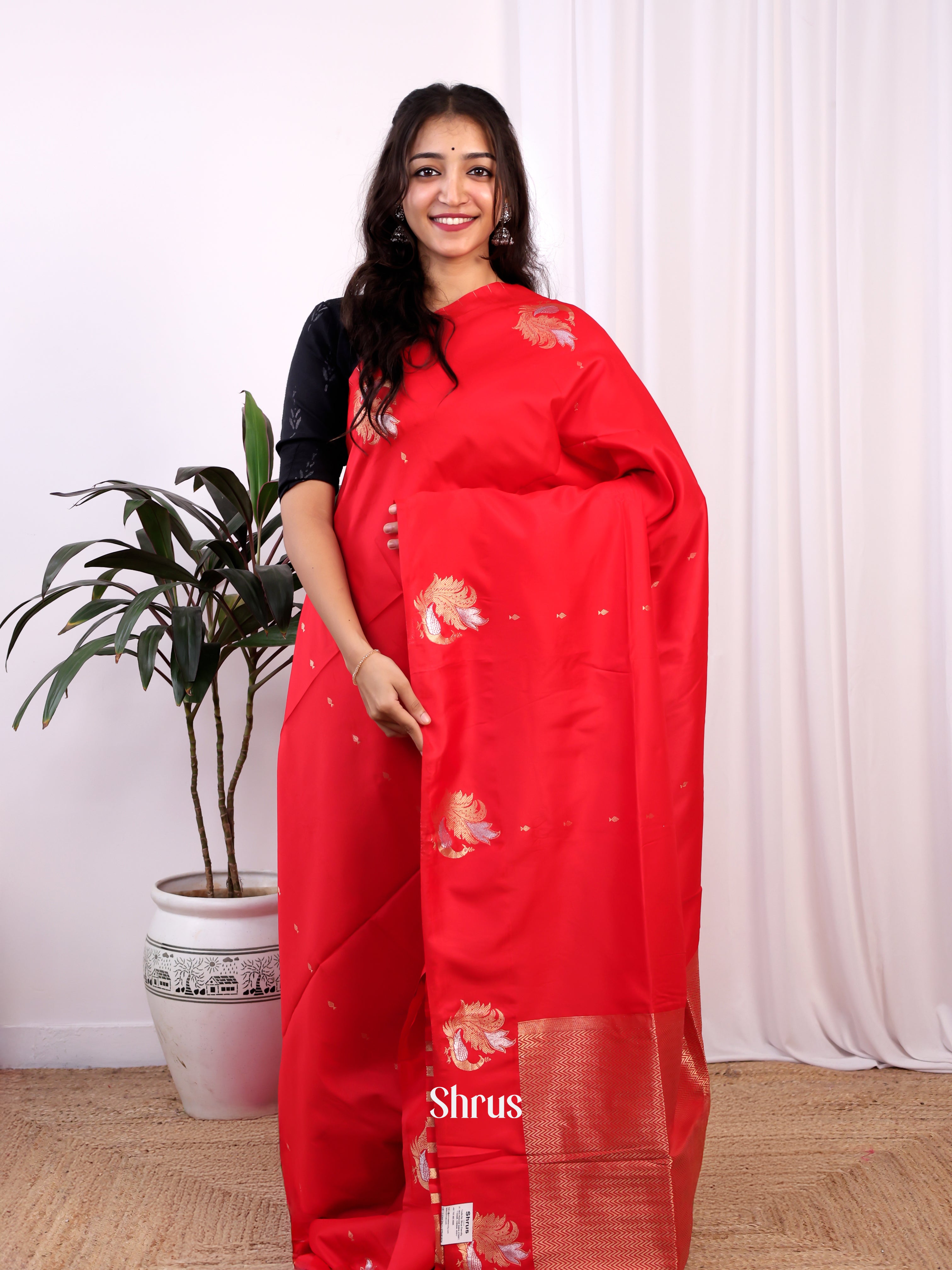 Red - Semi Softsilk Saree - Shop on Shrus.com