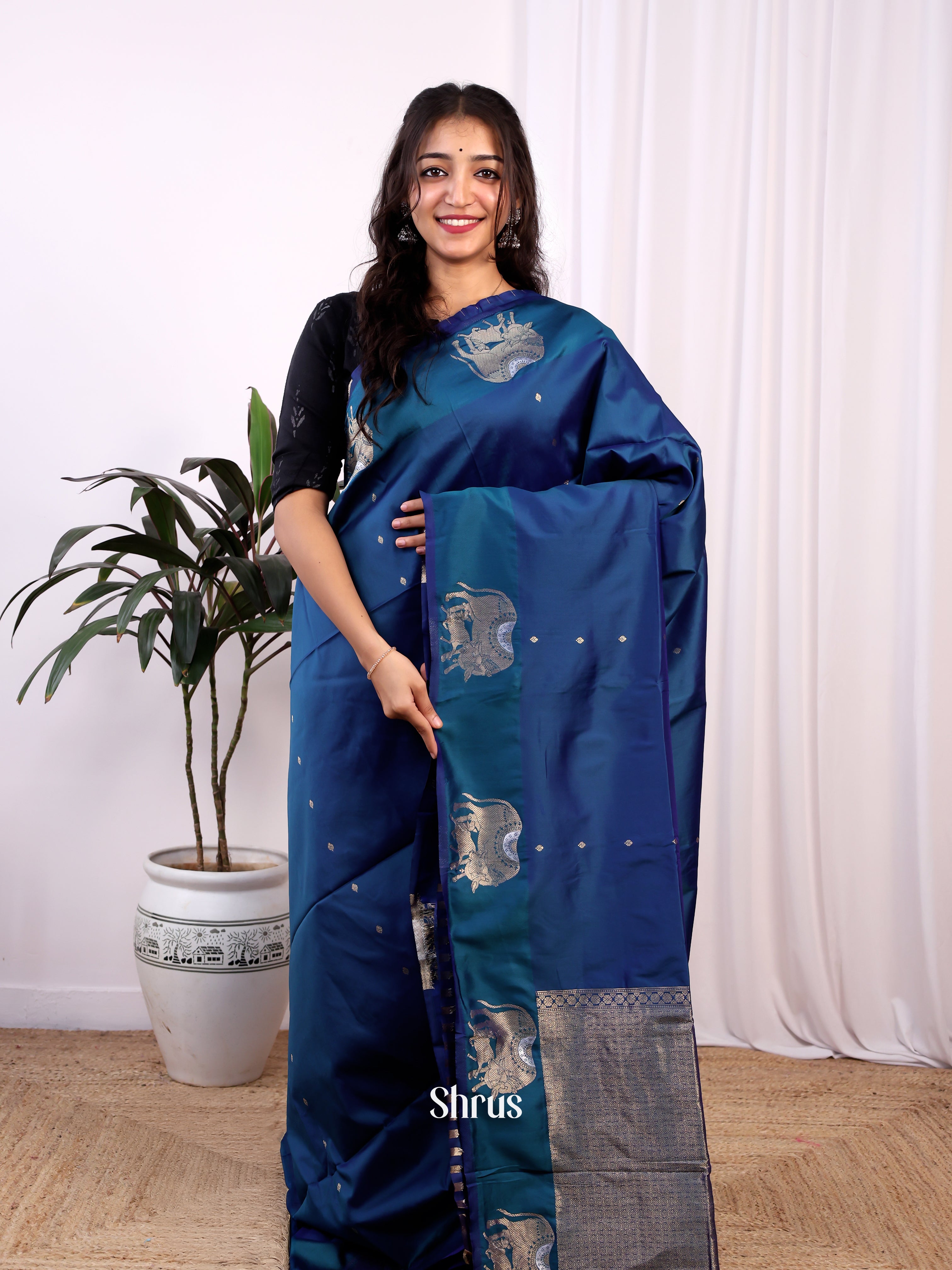 Blue- Semi Softsilk Saree - Shop on Shrus.com
