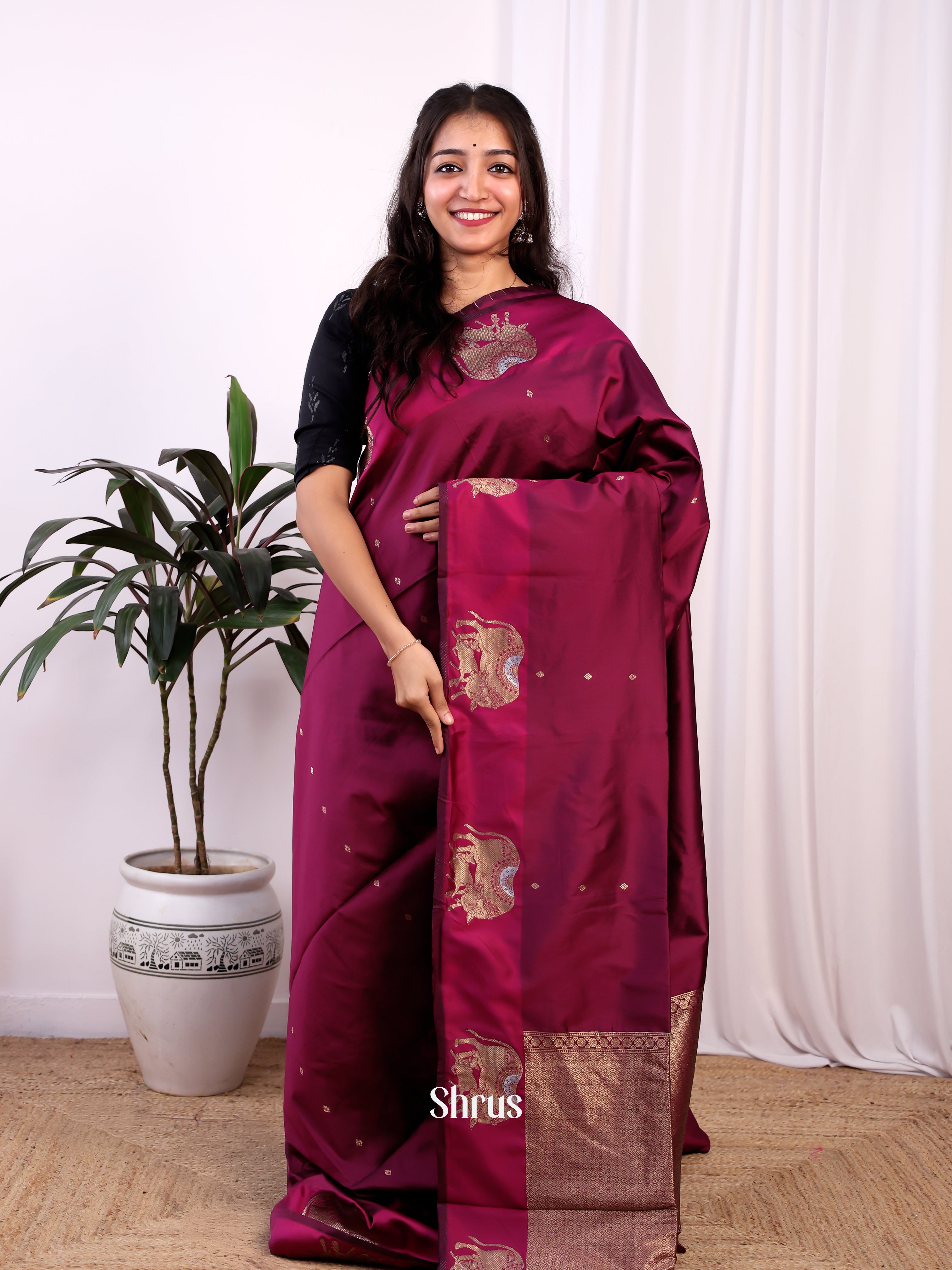 Wine- Semi Softsilk Saree - Shop on Shrus.com