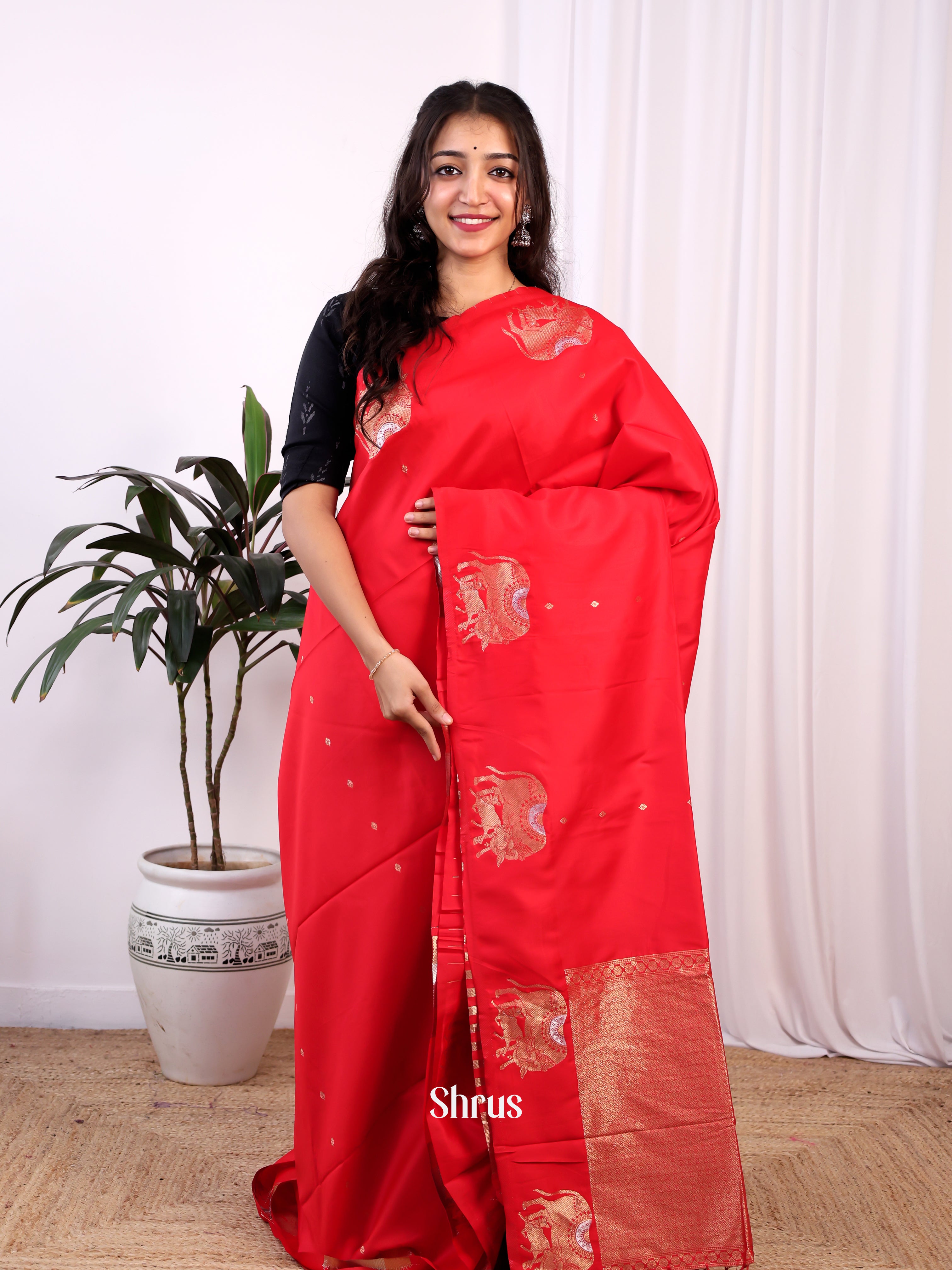 Red - Semi Softsilk Saree - Shop on Shrus.com