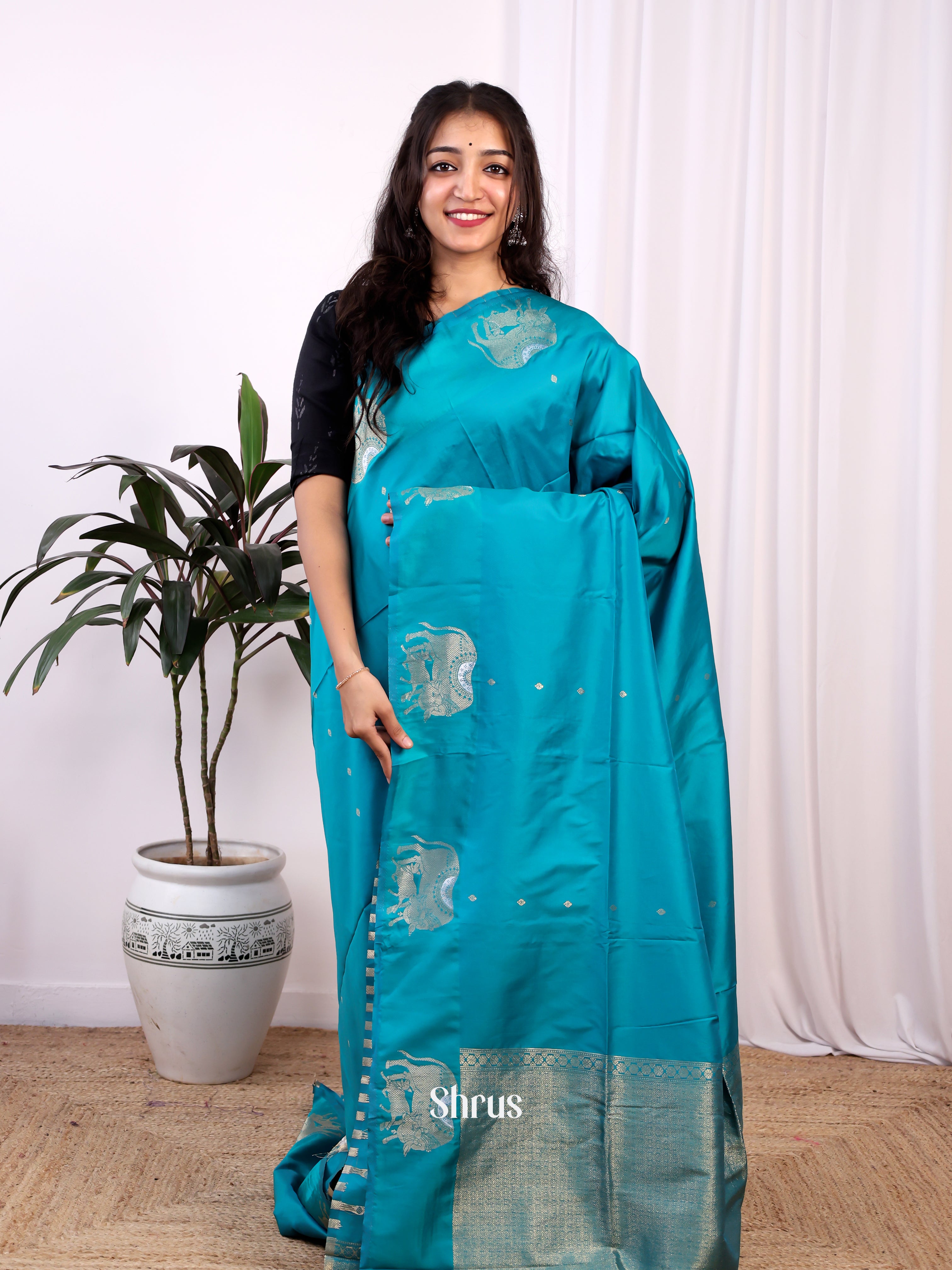 Teal - Semi Softsilk Saree - Shop on Shrus.com