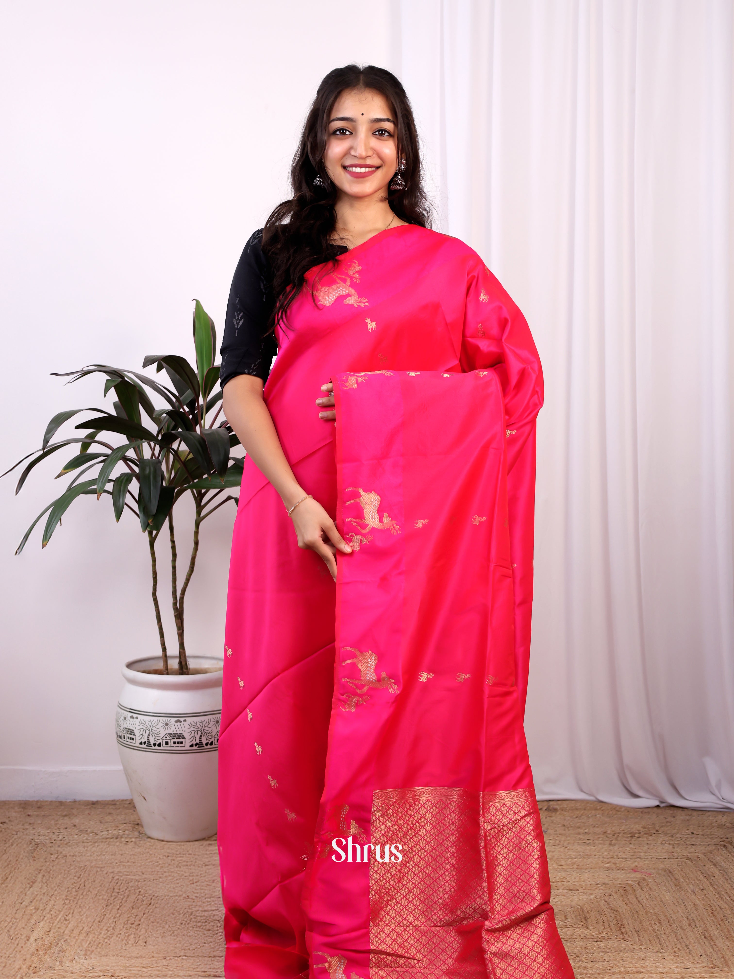 Pink - Semi Softsilk Saree - Shop on Shrus.com