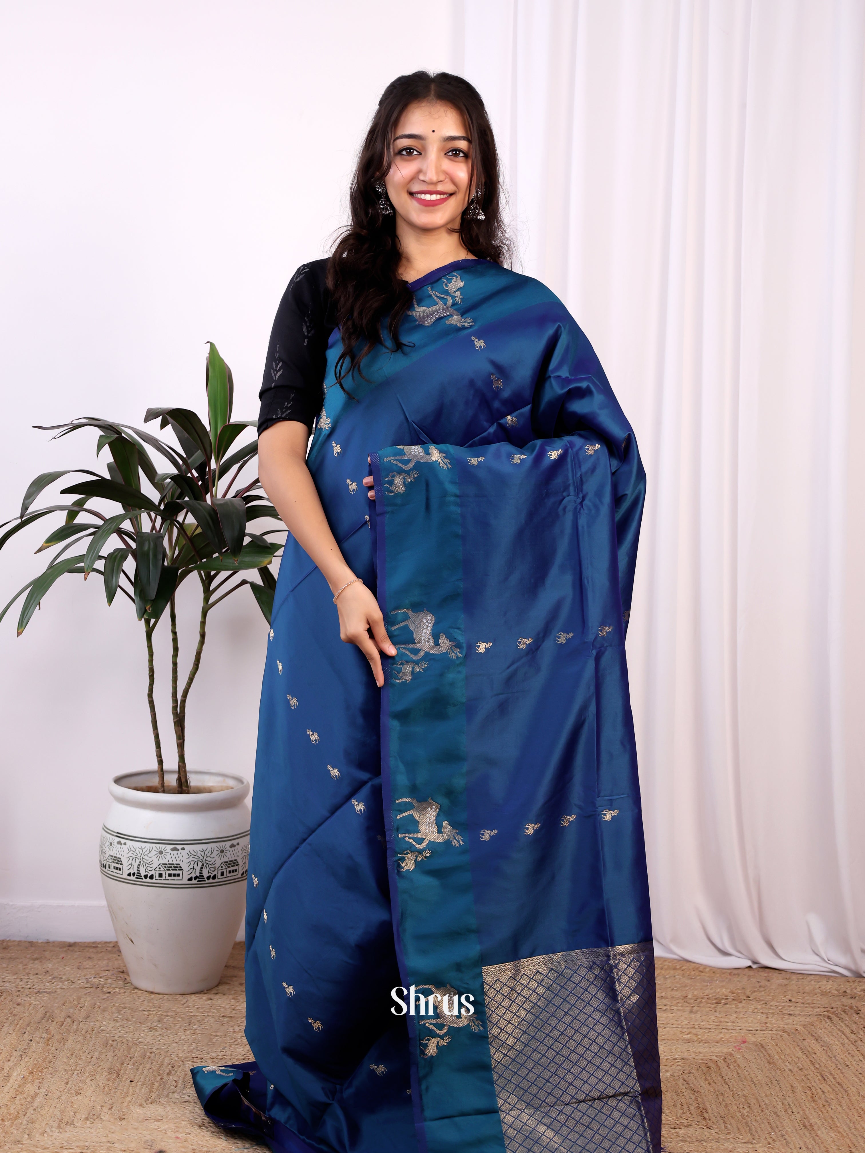 Blue - Semi Softsilk Saree - Shop on Shrus.com