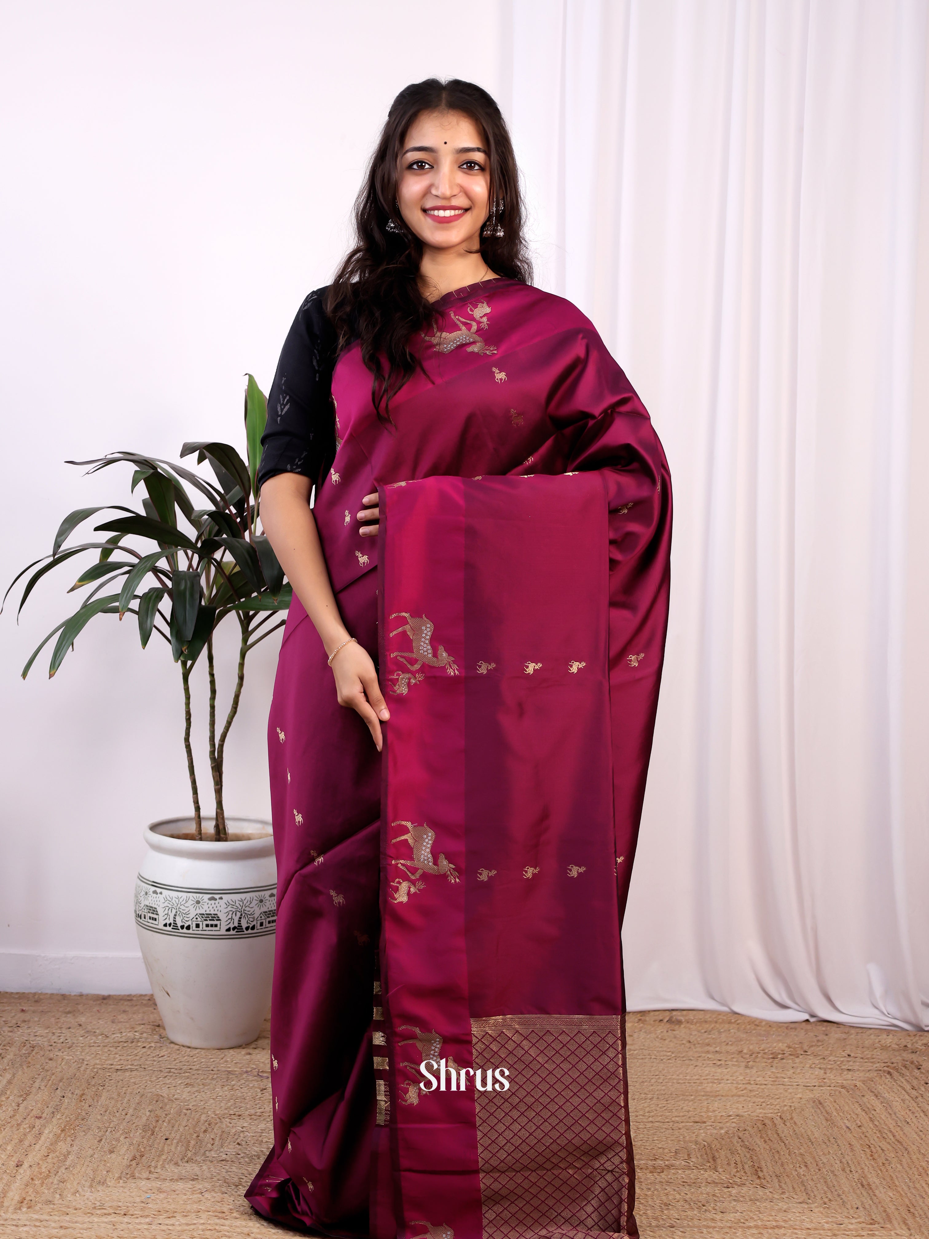 Wine - Semi Softsilk Saree - Shop on Shrus.com