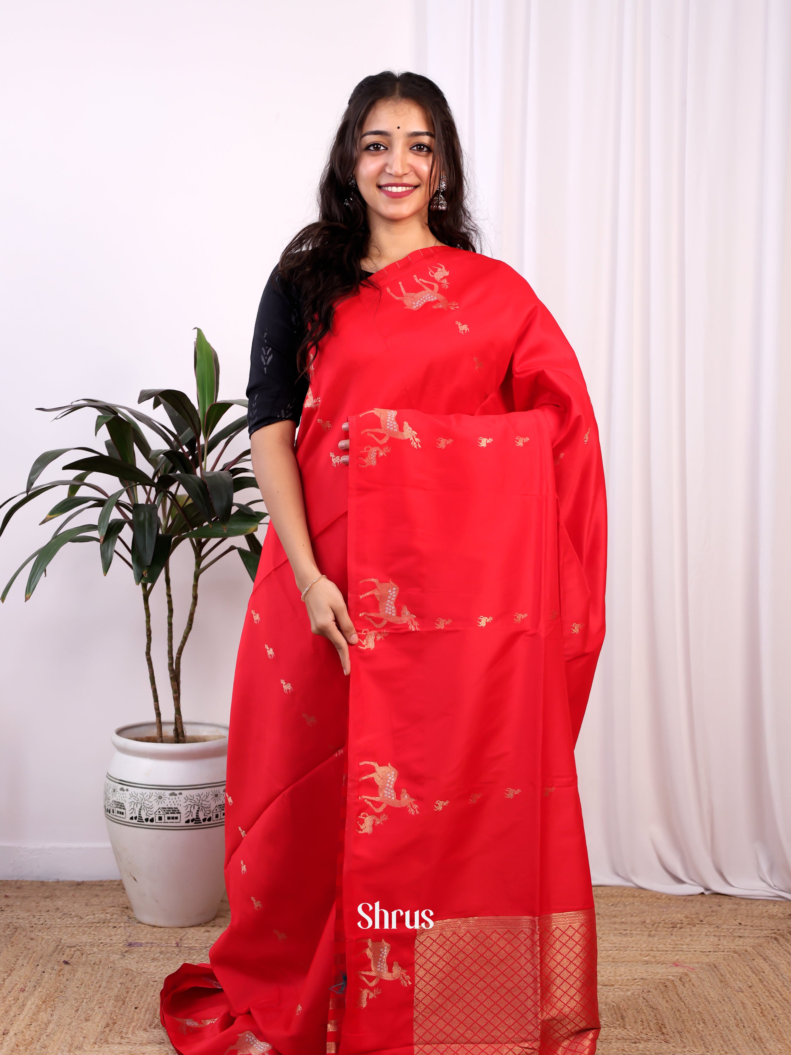 Red - Semi Softsilk Saree - Shop on Shrus.com