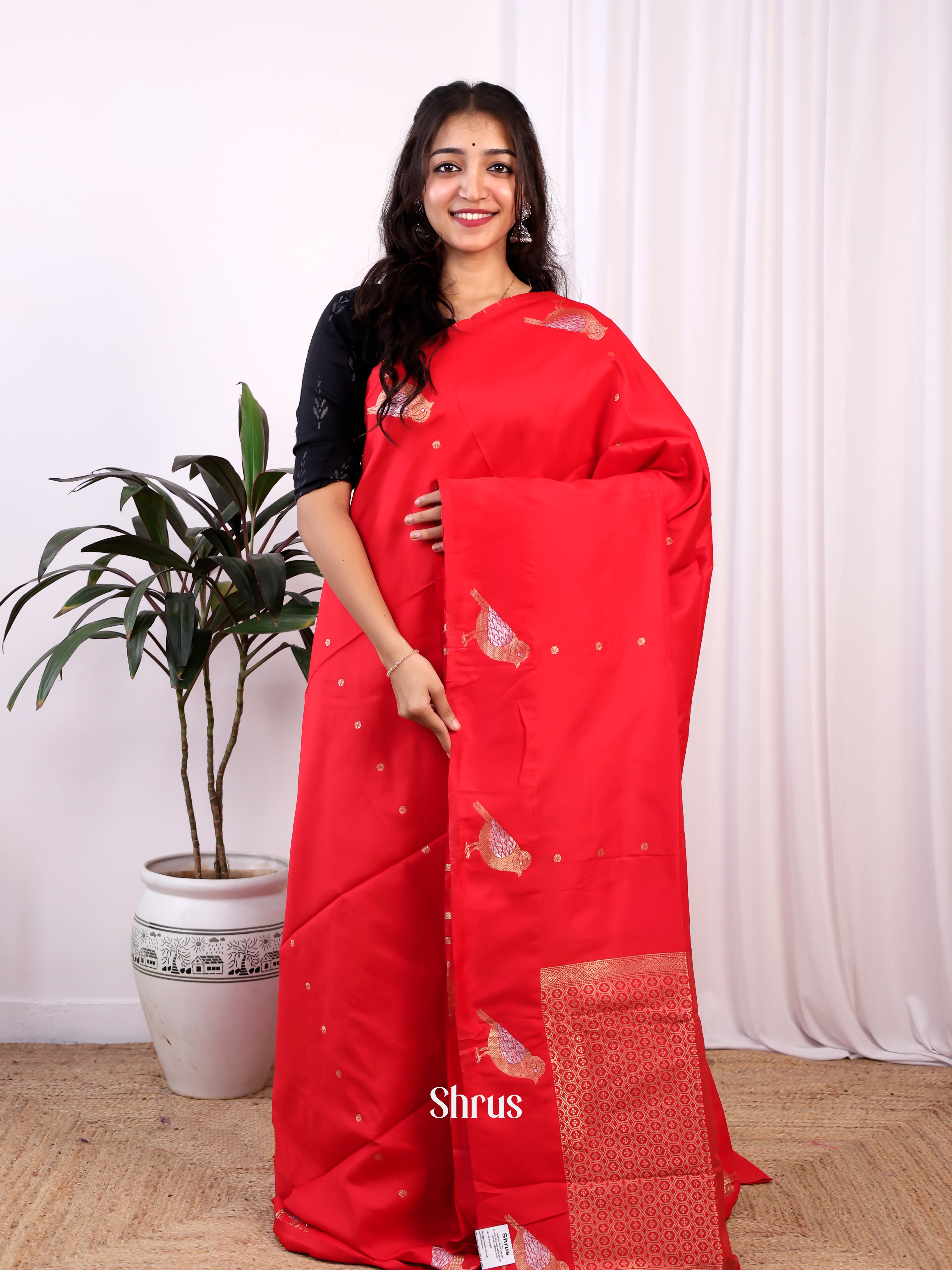Red - Semi Softsilk Saree - Shop on Shrus.com