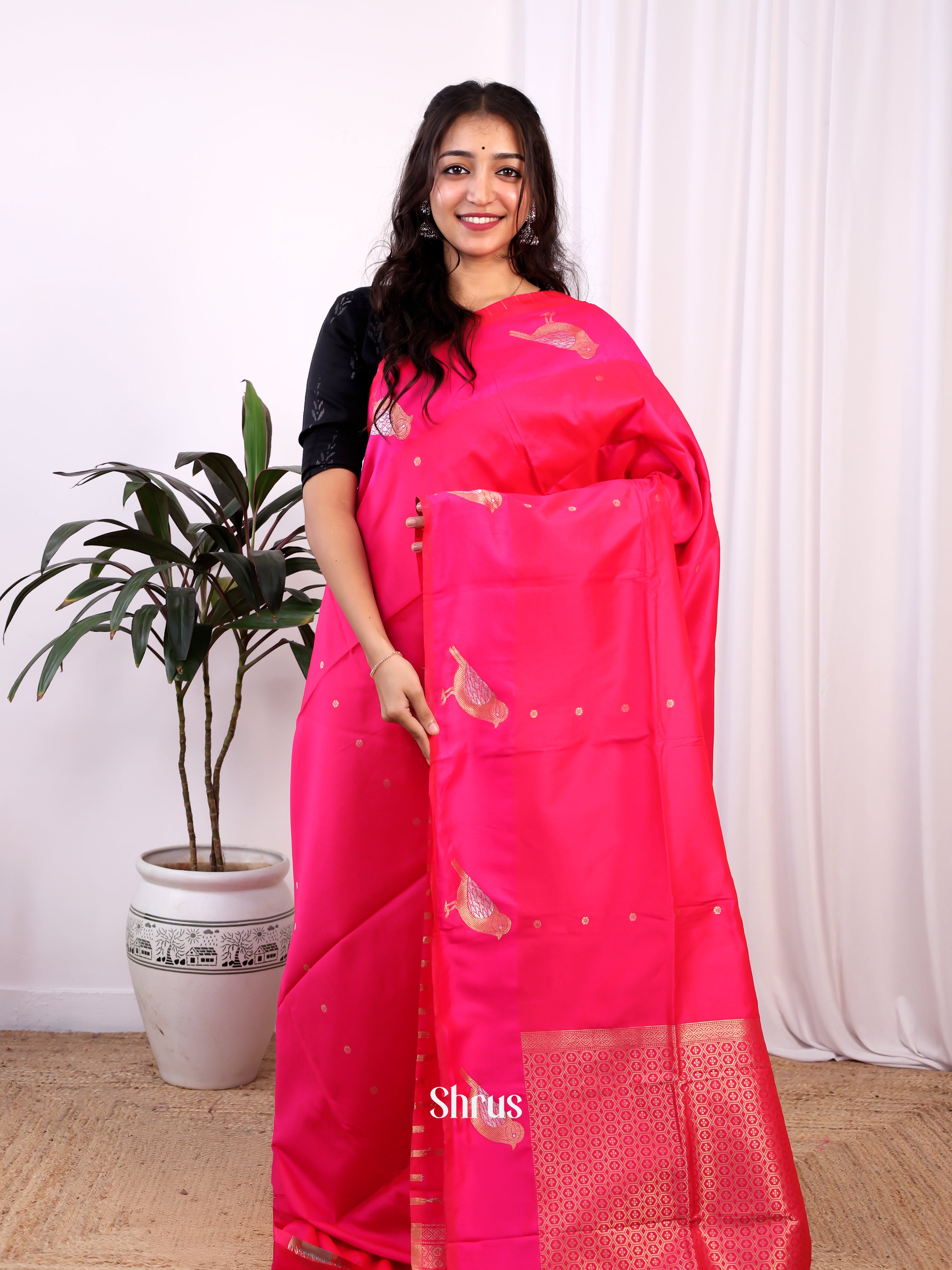 Pink - Semi Softsilk Saree - Shop on Shrus.com