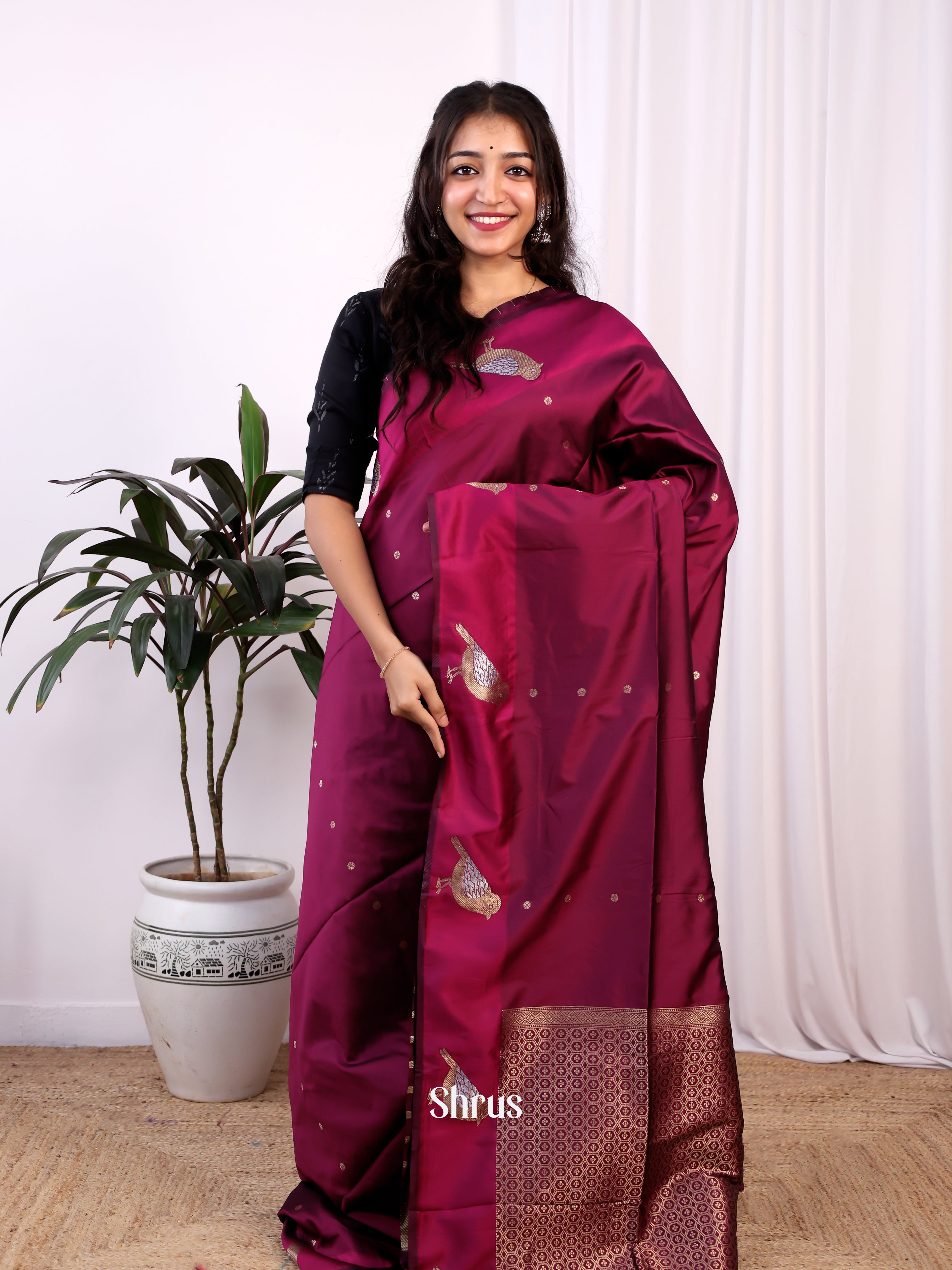 Wine - Semi Softsilk Saree - Shop on Shrus.com