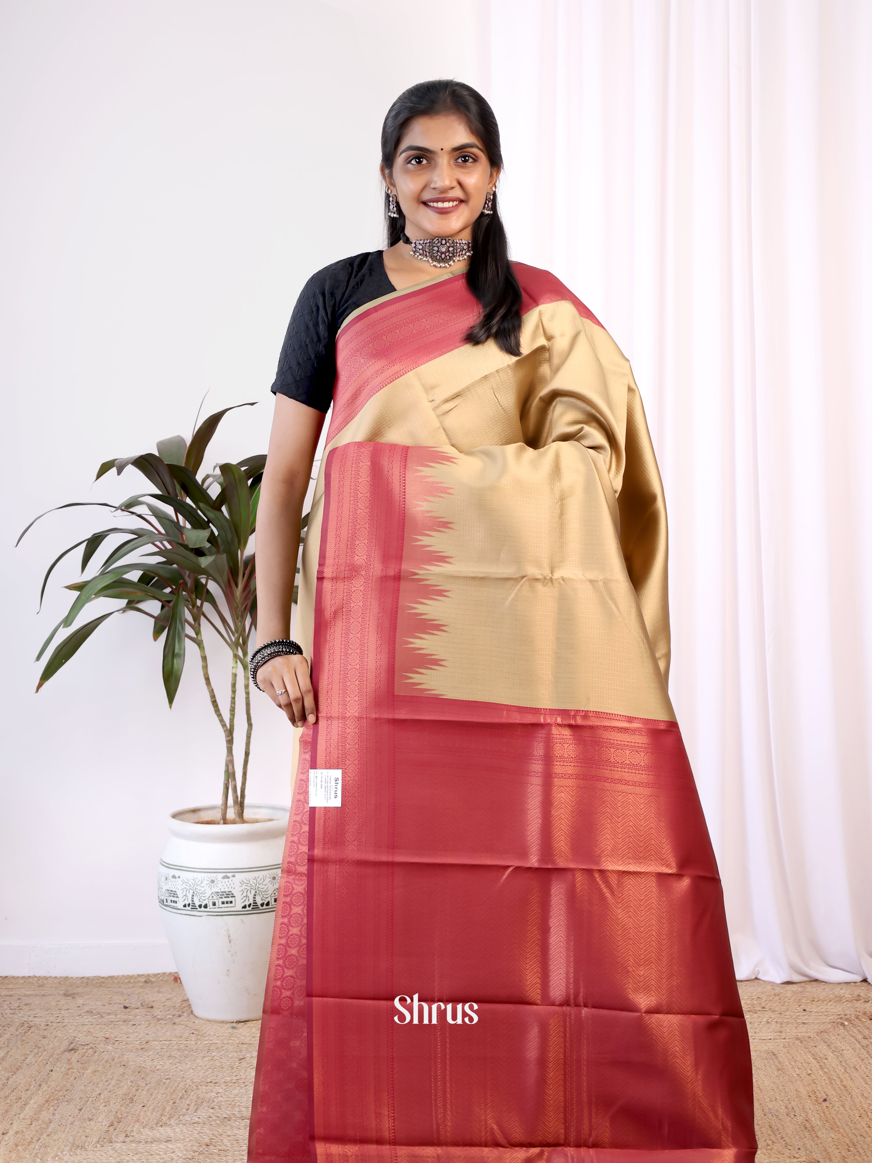 Beige & Maroon- Semi Arani Silk Saree - Shop on Shrus.com