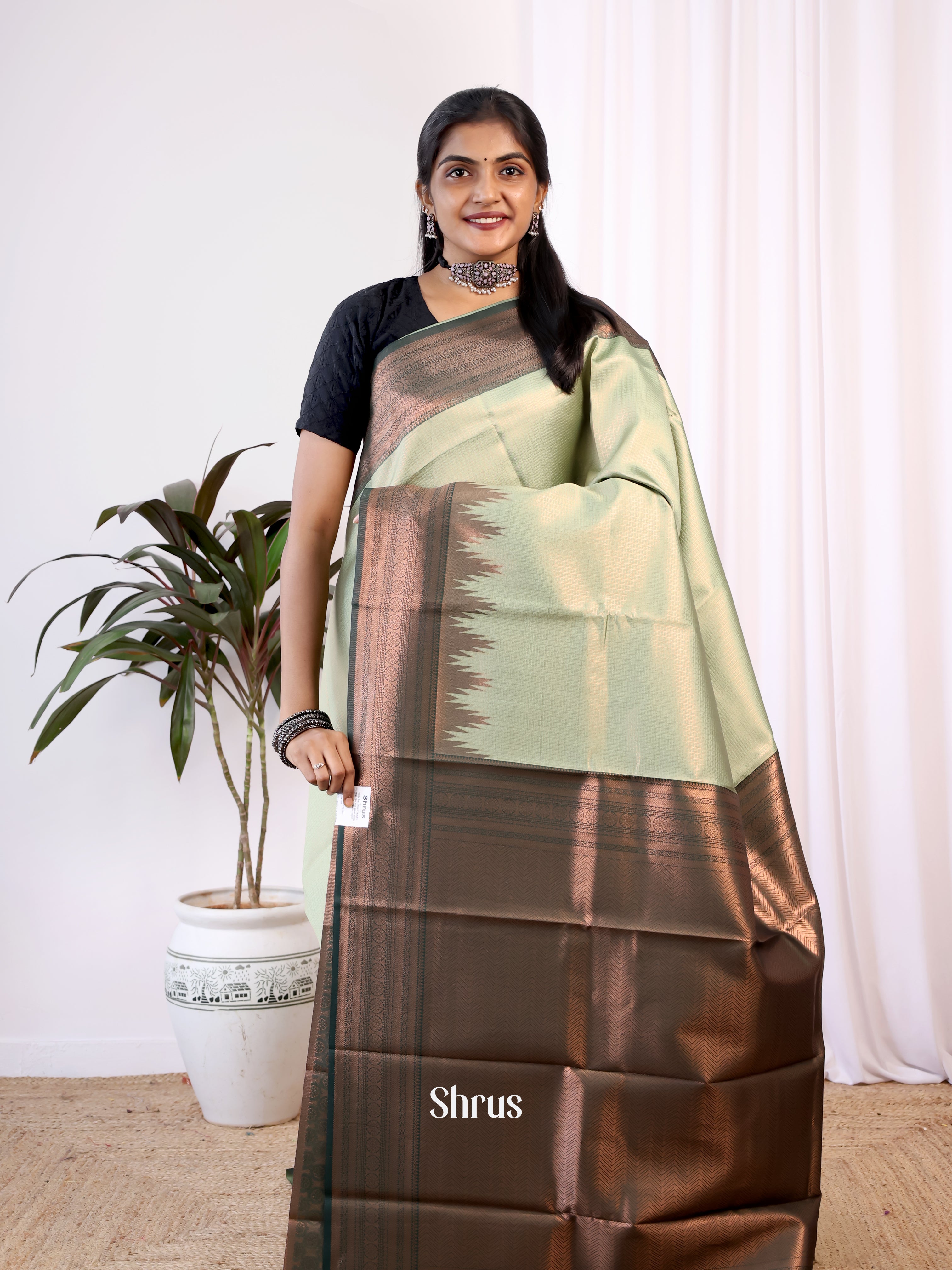 Pastel Green & Green - Semi Arani Silk Saree - Shop on Shrus.com