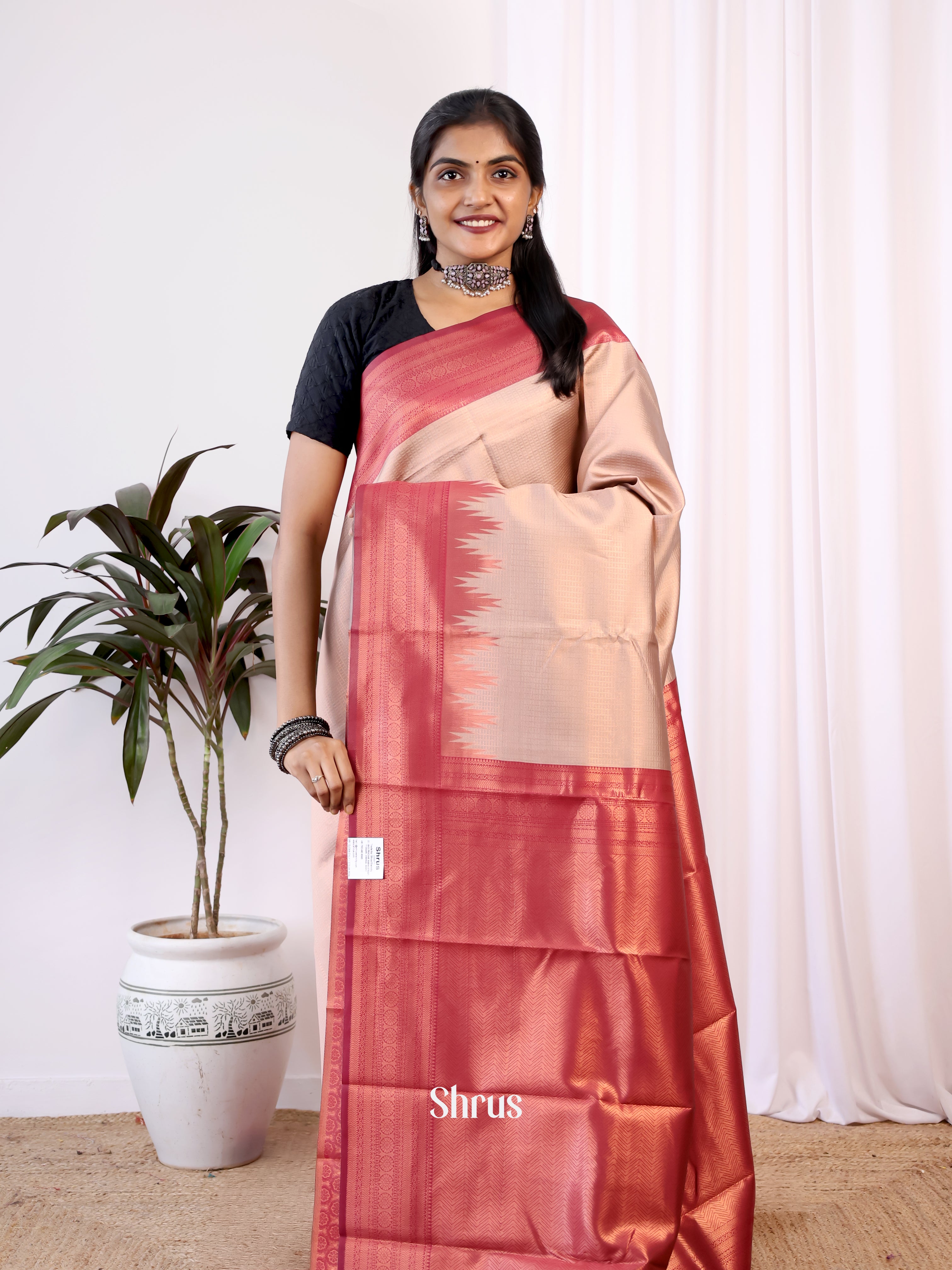 Peach & Maroon - Semi Arani Silk Saree - Shop on Shrus.com