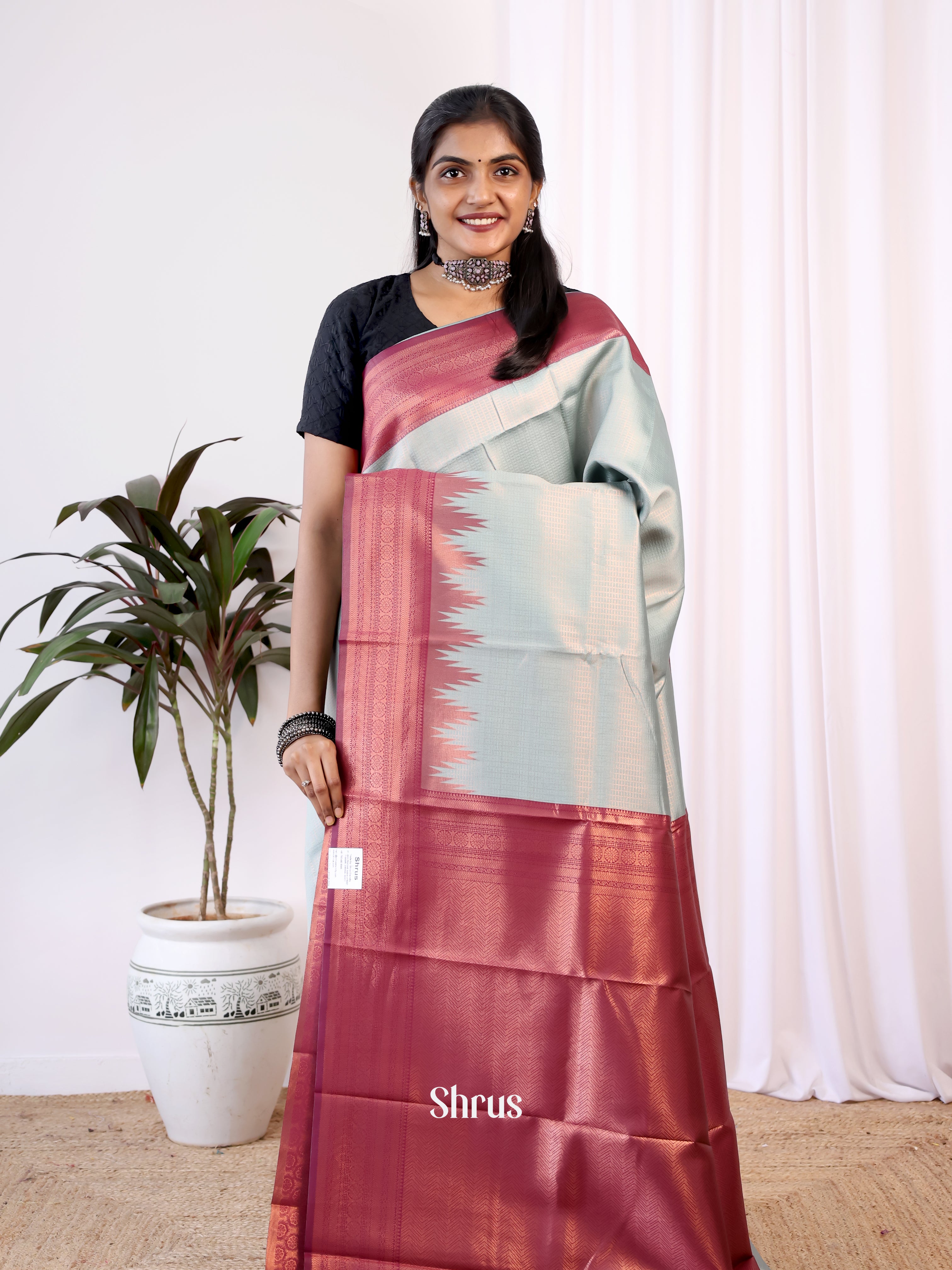 Pastel Blue & Maroon - Semi Arani Silk Saree - Shop on Shrus.com