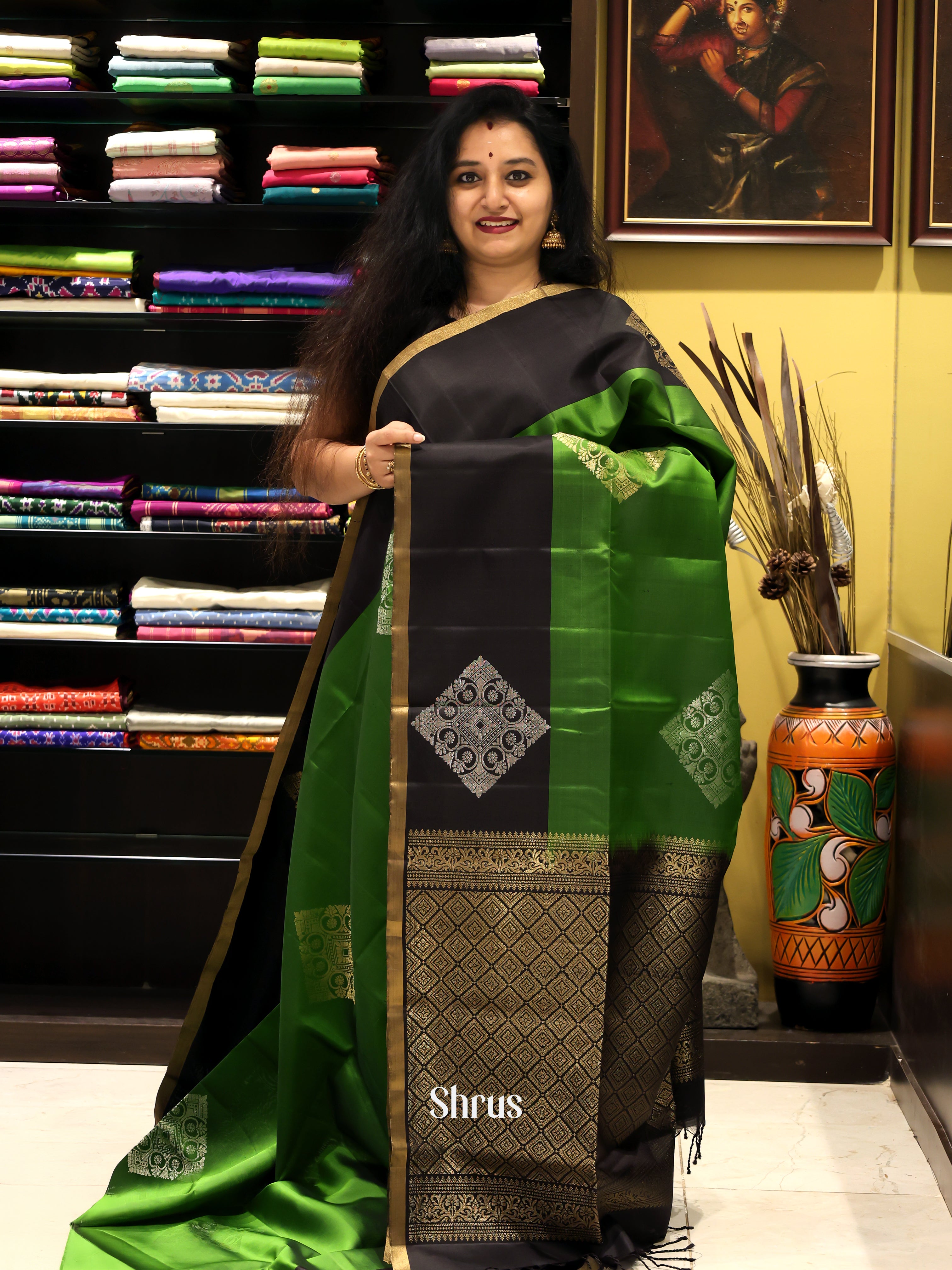 Leaf Green & Black - Soft Silk Saree - Shop on Shrus.com