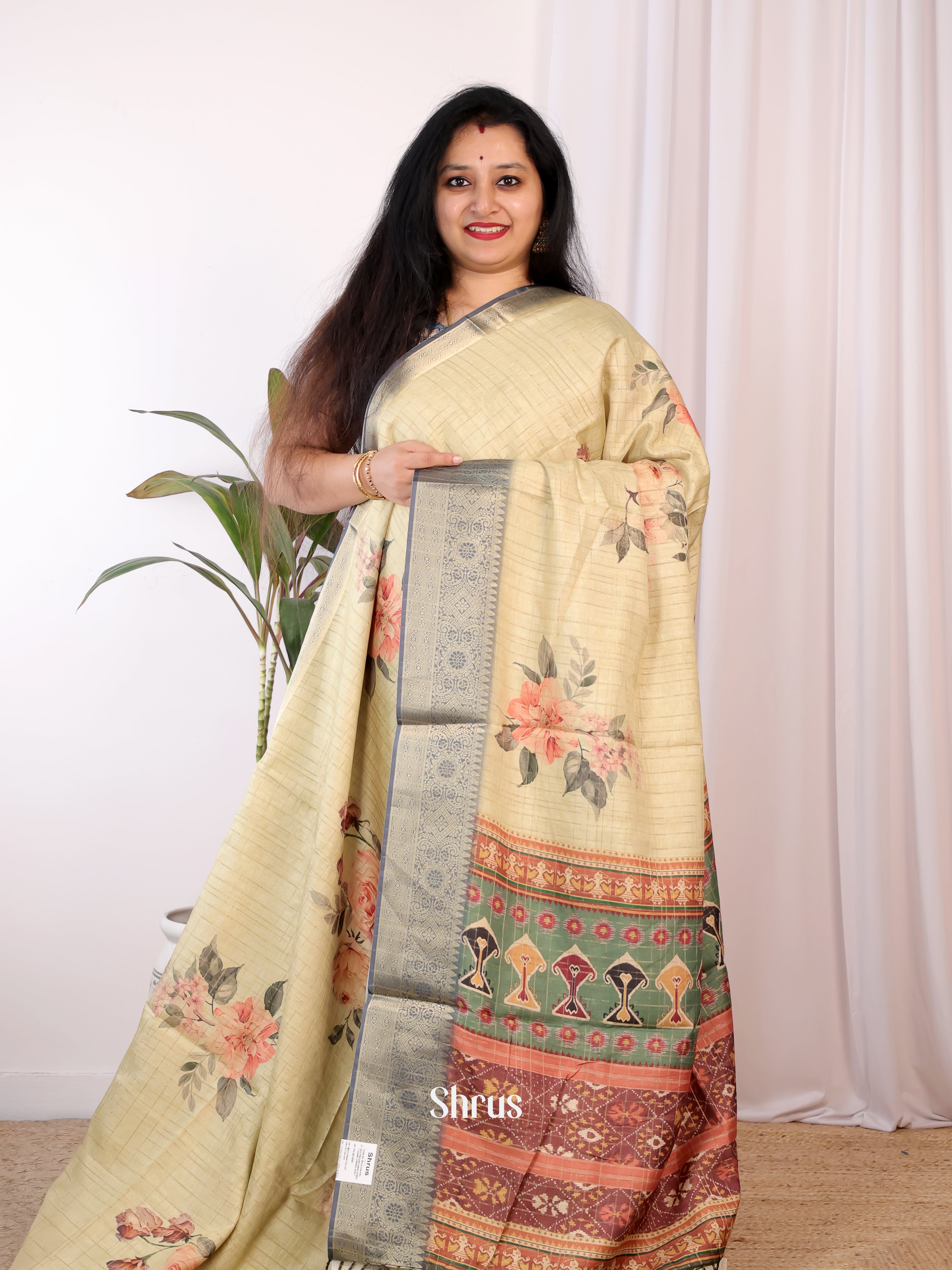 Lite Green - Semi Chanderi Saree - Shop on Shrus.com