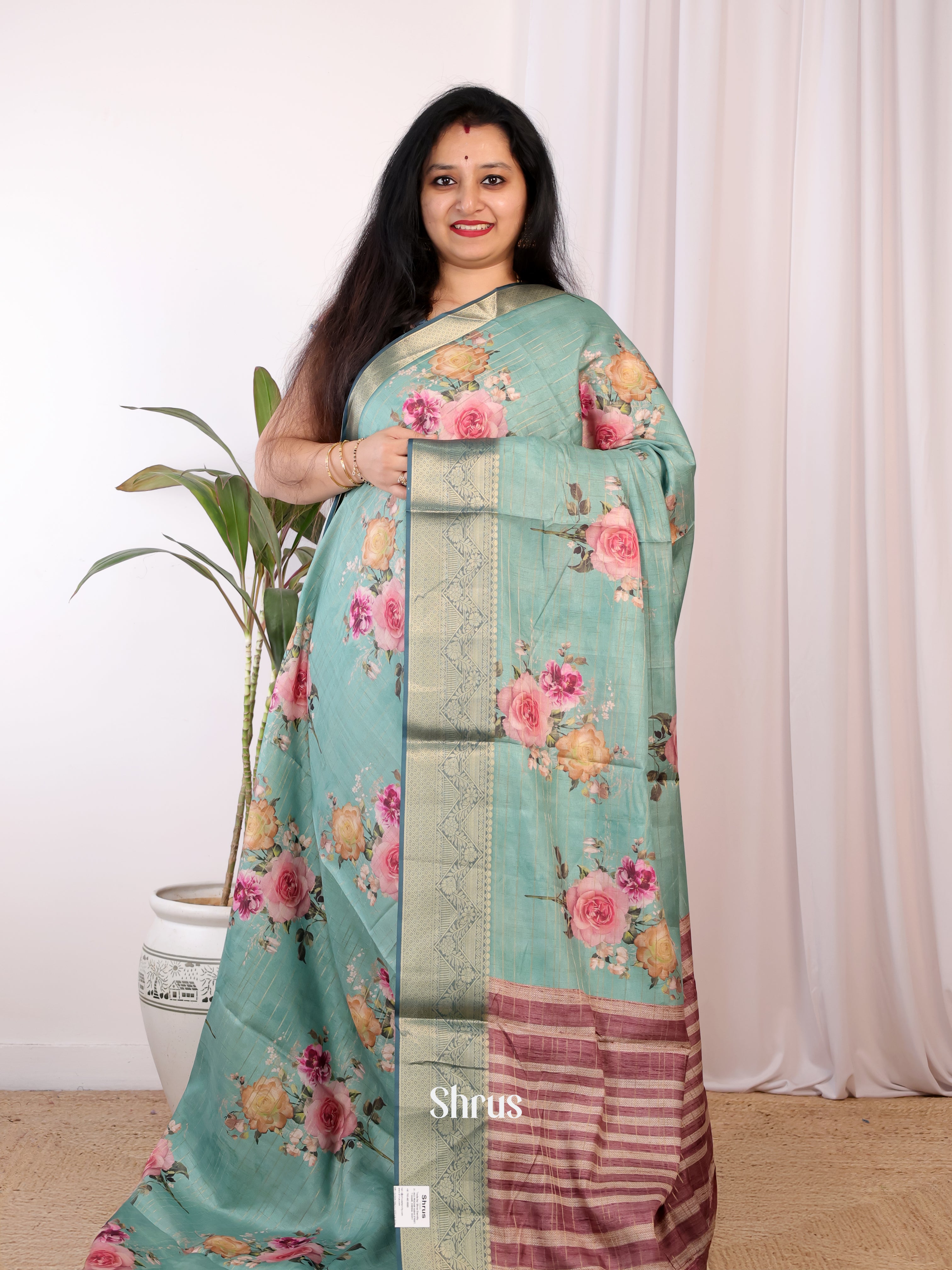Teal & Brown - Semi Chanderi Saree - Shop on Shrus.com