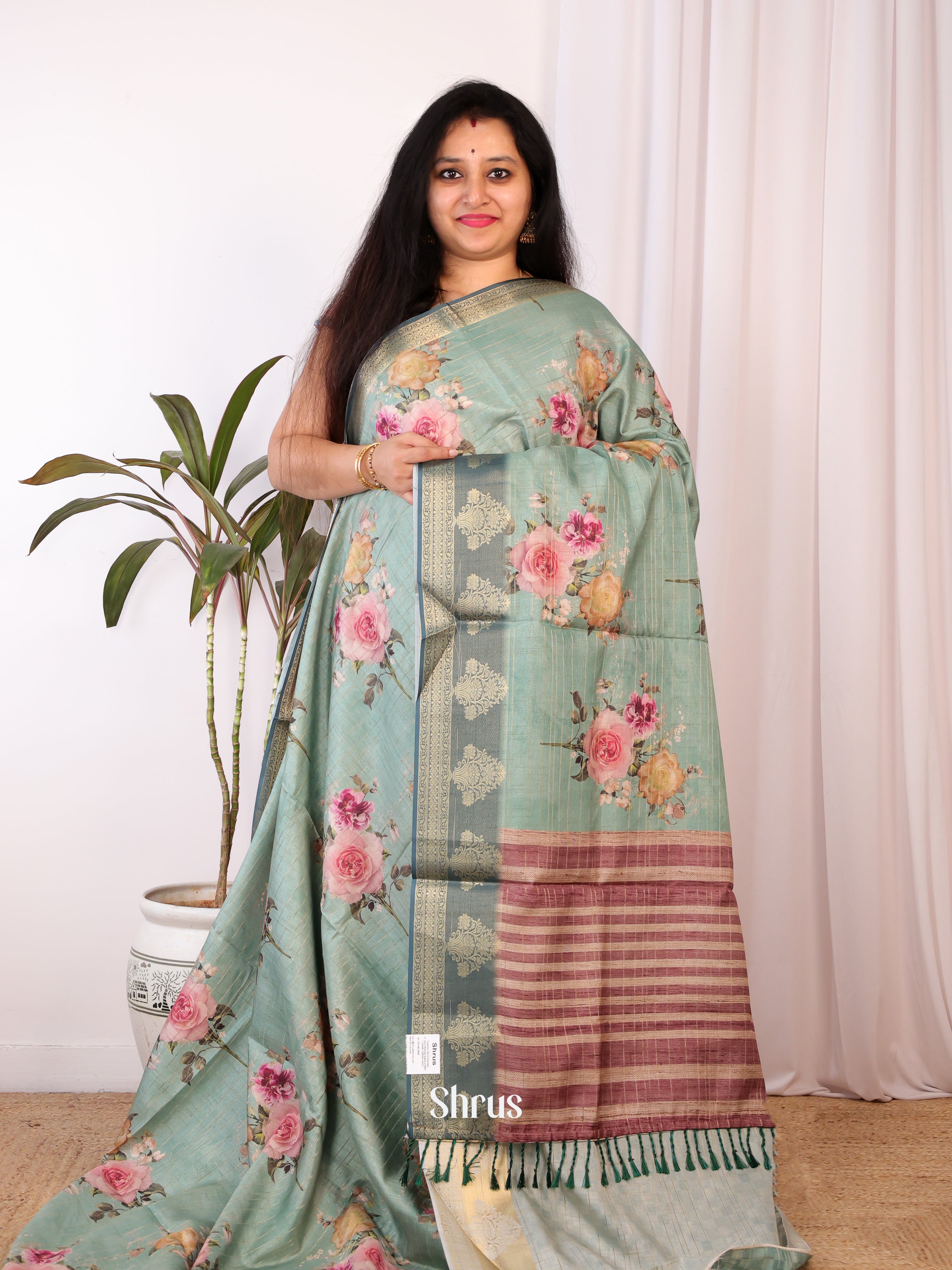 Green & Brown - Semi Chanderi Saree - Shop on Shrus.com