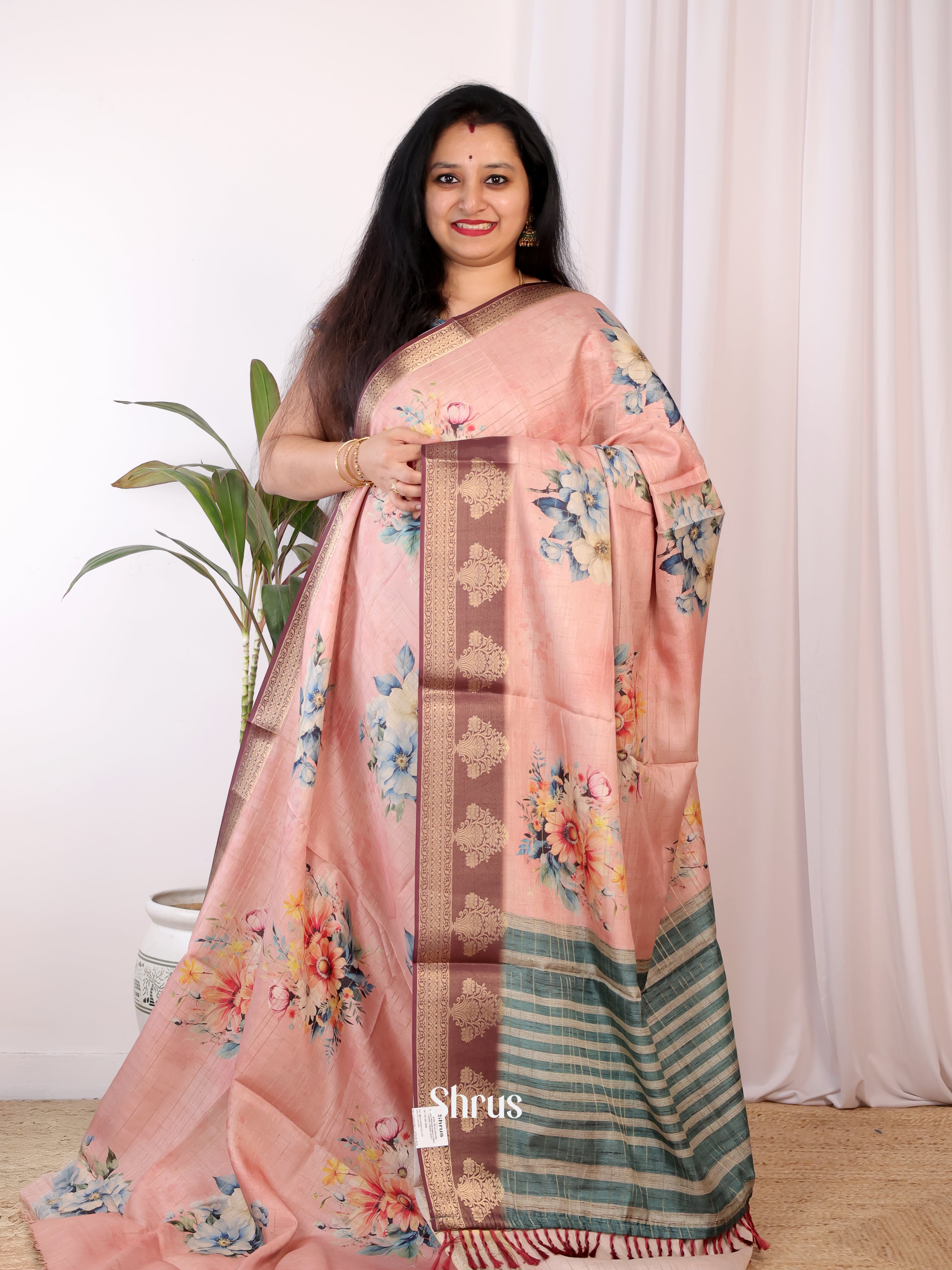 Peach & Brown - Semi Chanderi Saree - Shop on Shrus.com
