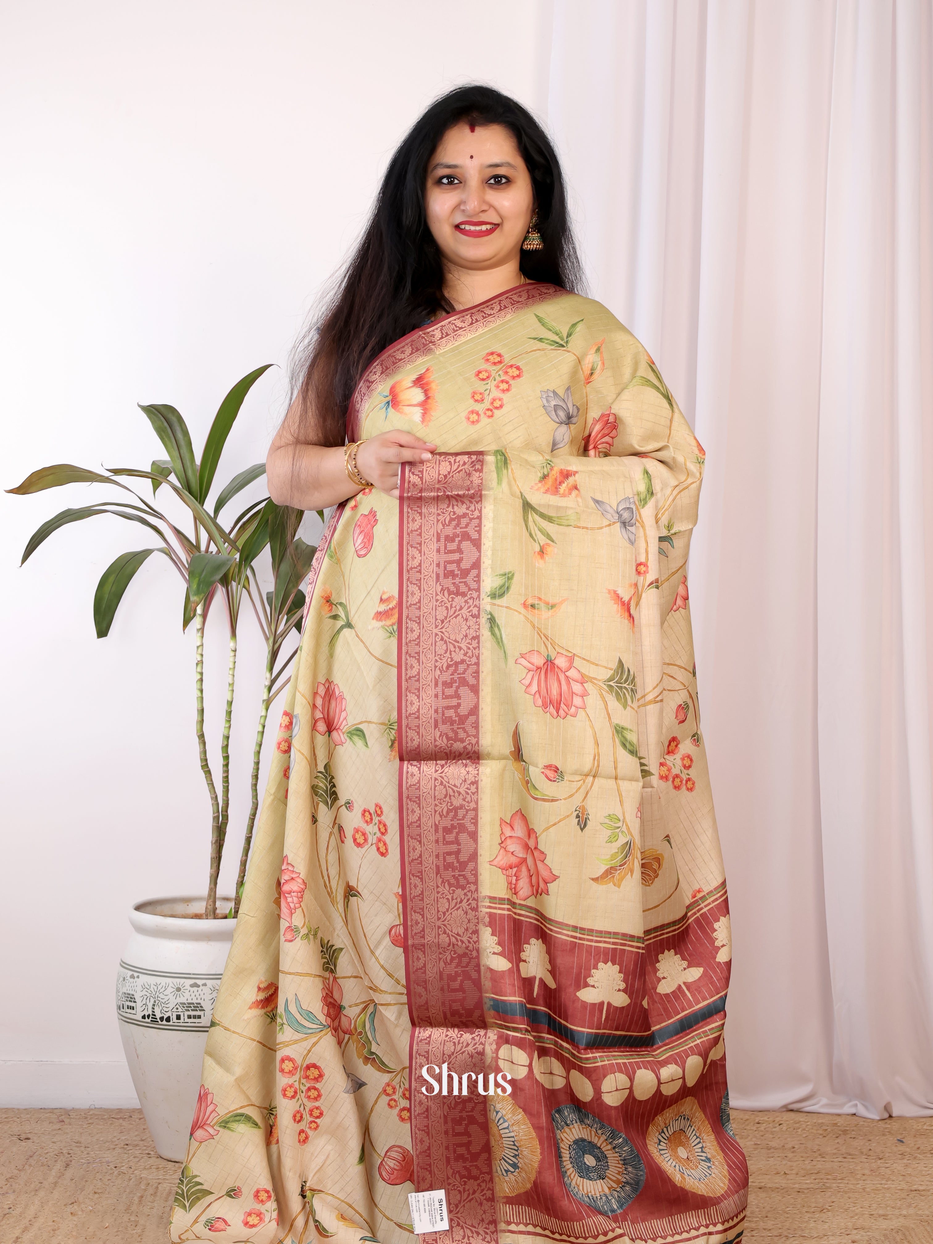 Cream & Maroon - Semi Chanderi Saree - Shop on Shrus.com