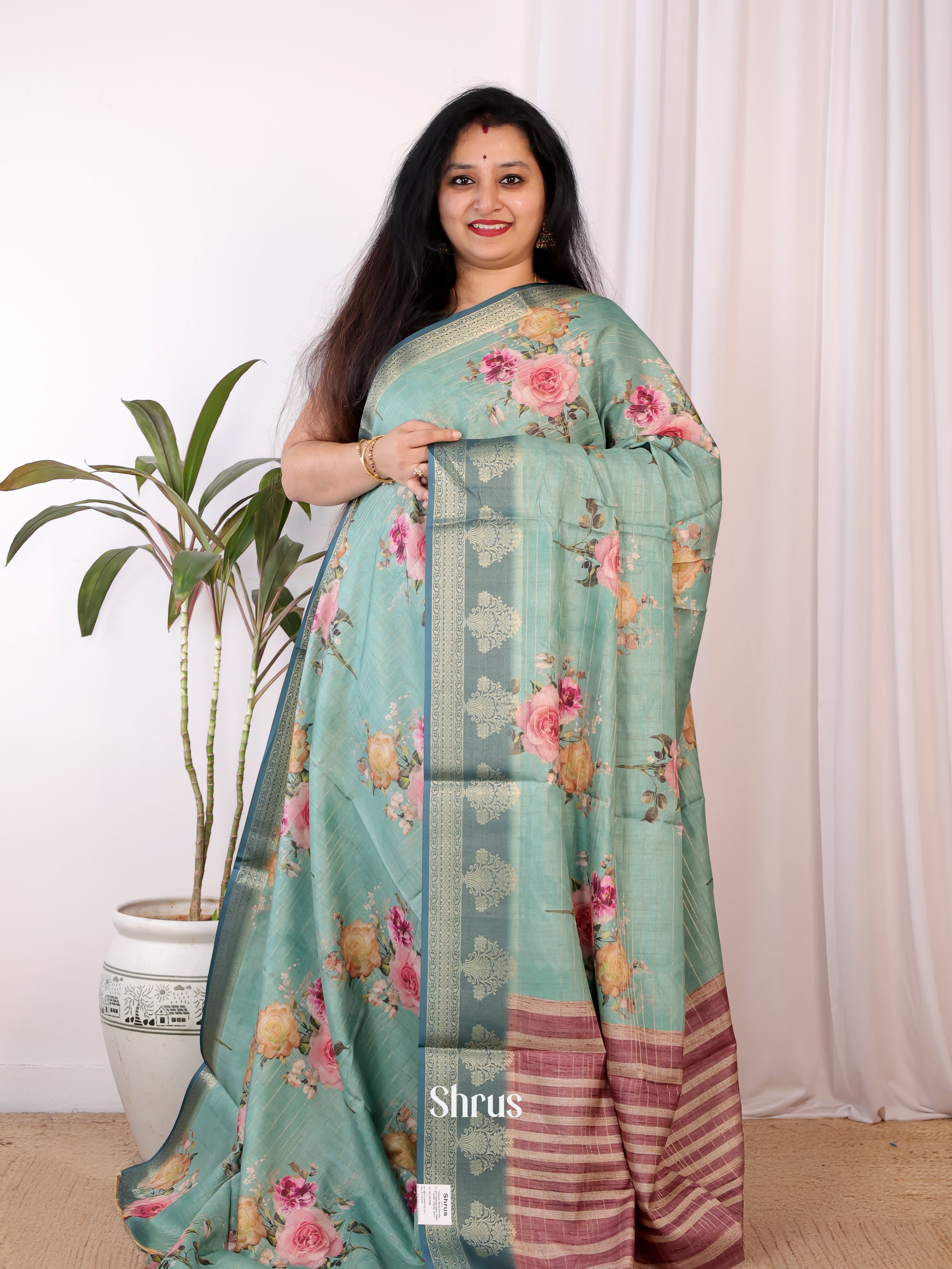 Green & Brown- Semi Chanderi Saree - Shop on Shrus.com