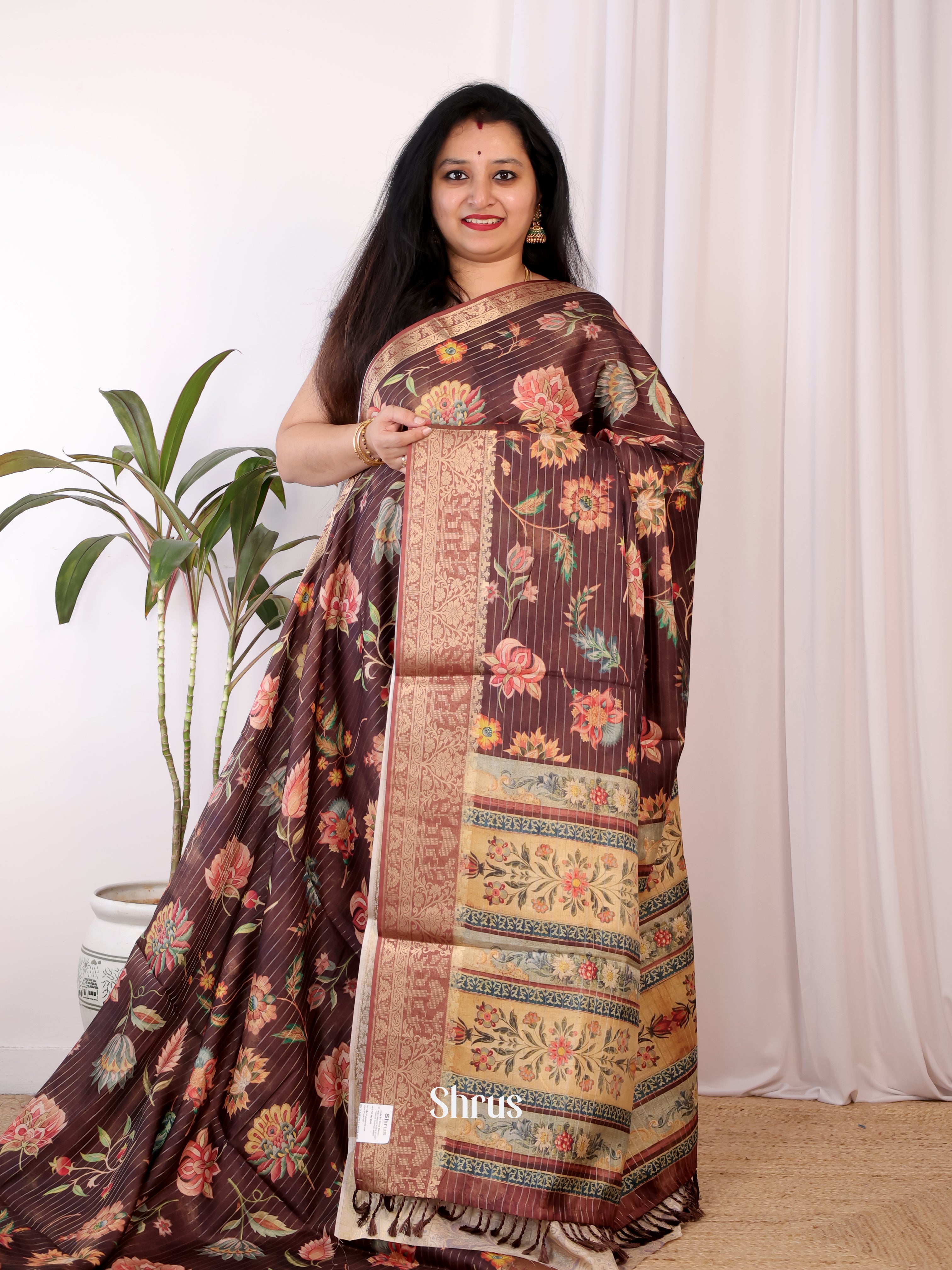 Brown & Beige - Semi Chanderi Saree - Shop on Shrus.com