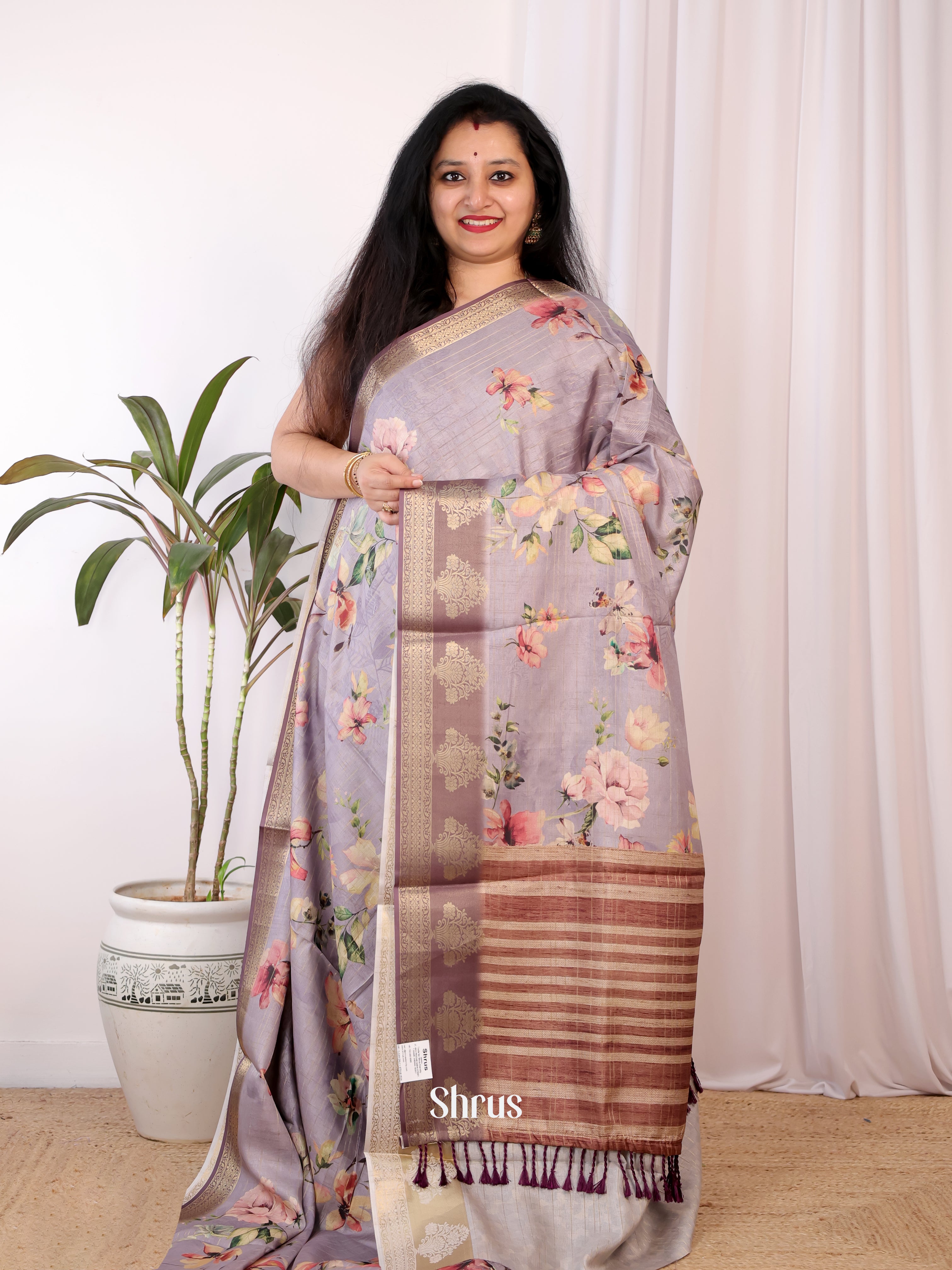 Lavender & Brown- Semi Chanderi Saree - Shop on Shrus.com