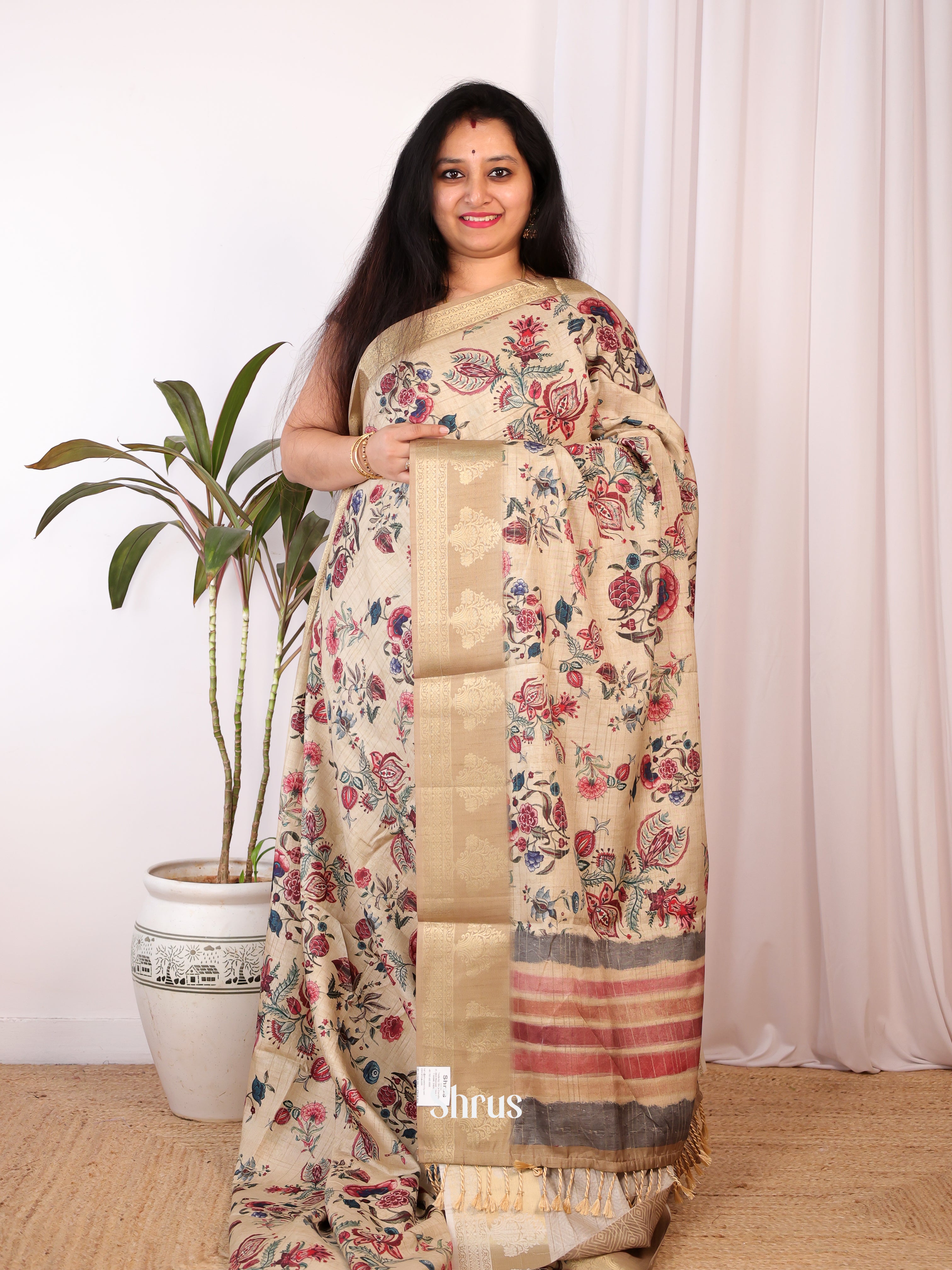 Cream - Semi Chanderi Saree - Shop on Shrus.com