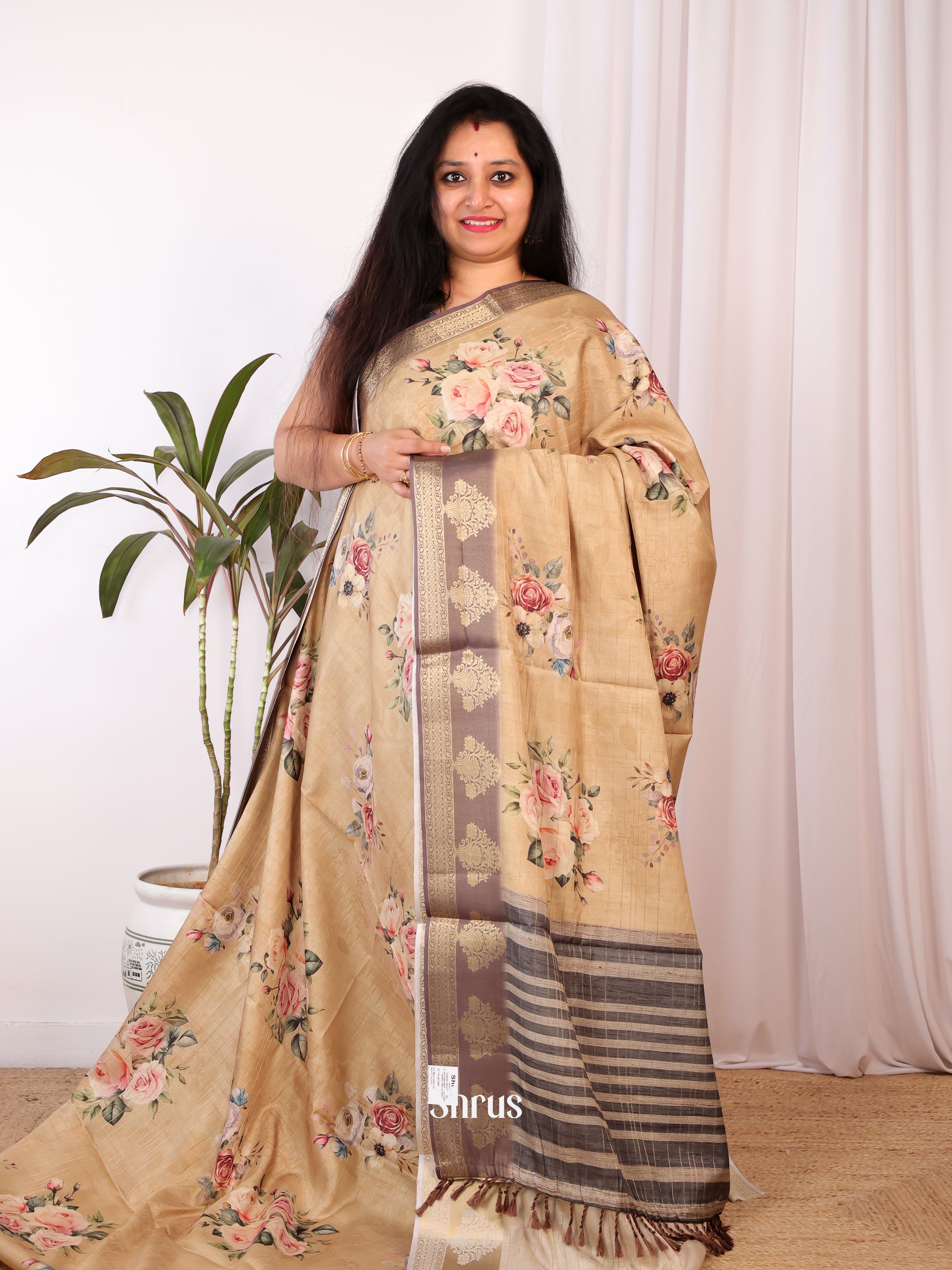 Sandal & Mauve - Semi Chanderi Saree - Shop on Shrus.com