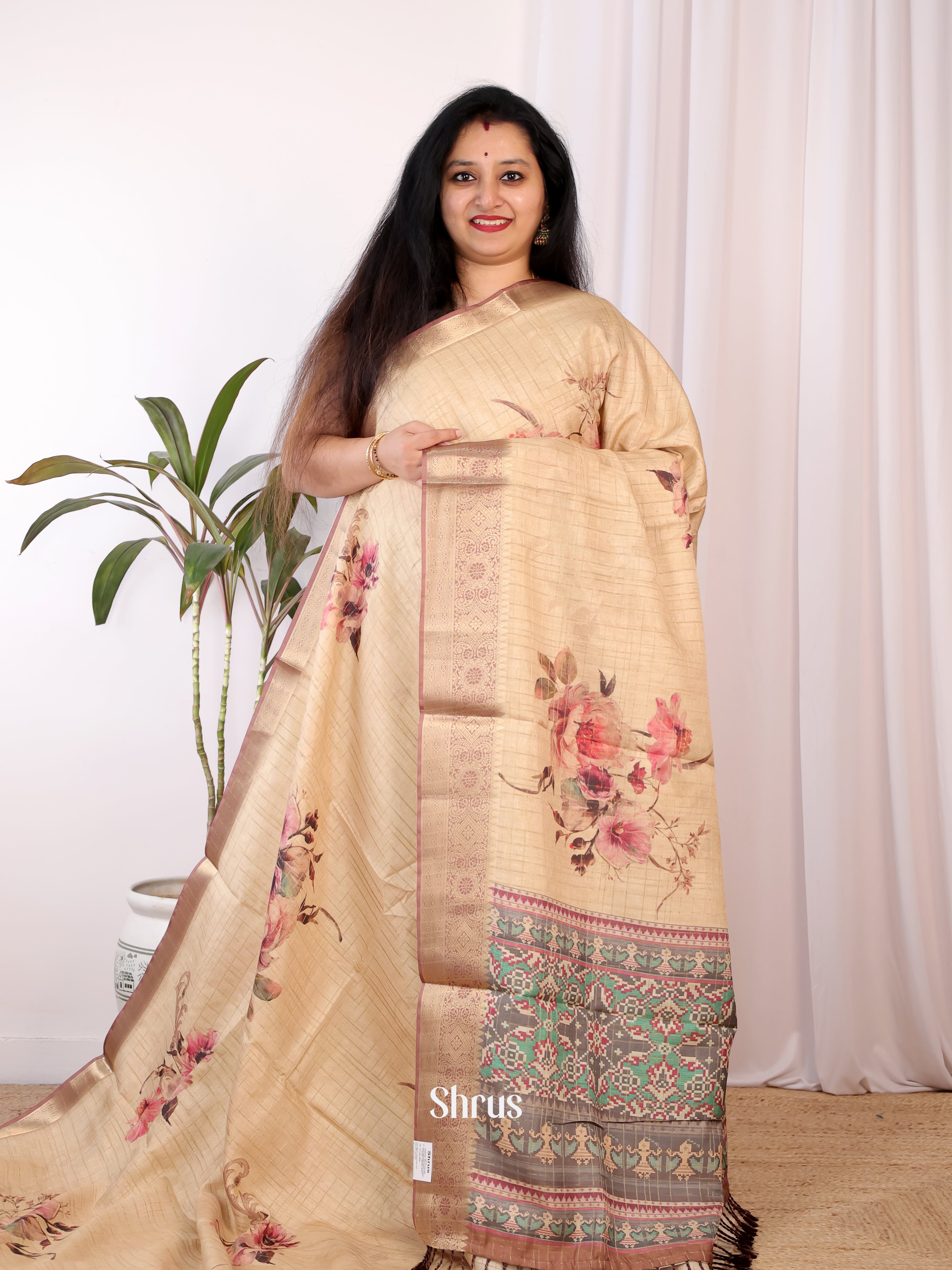 Sandal & Brown - Semi Chanderi Saree - Shop on Shrus.com