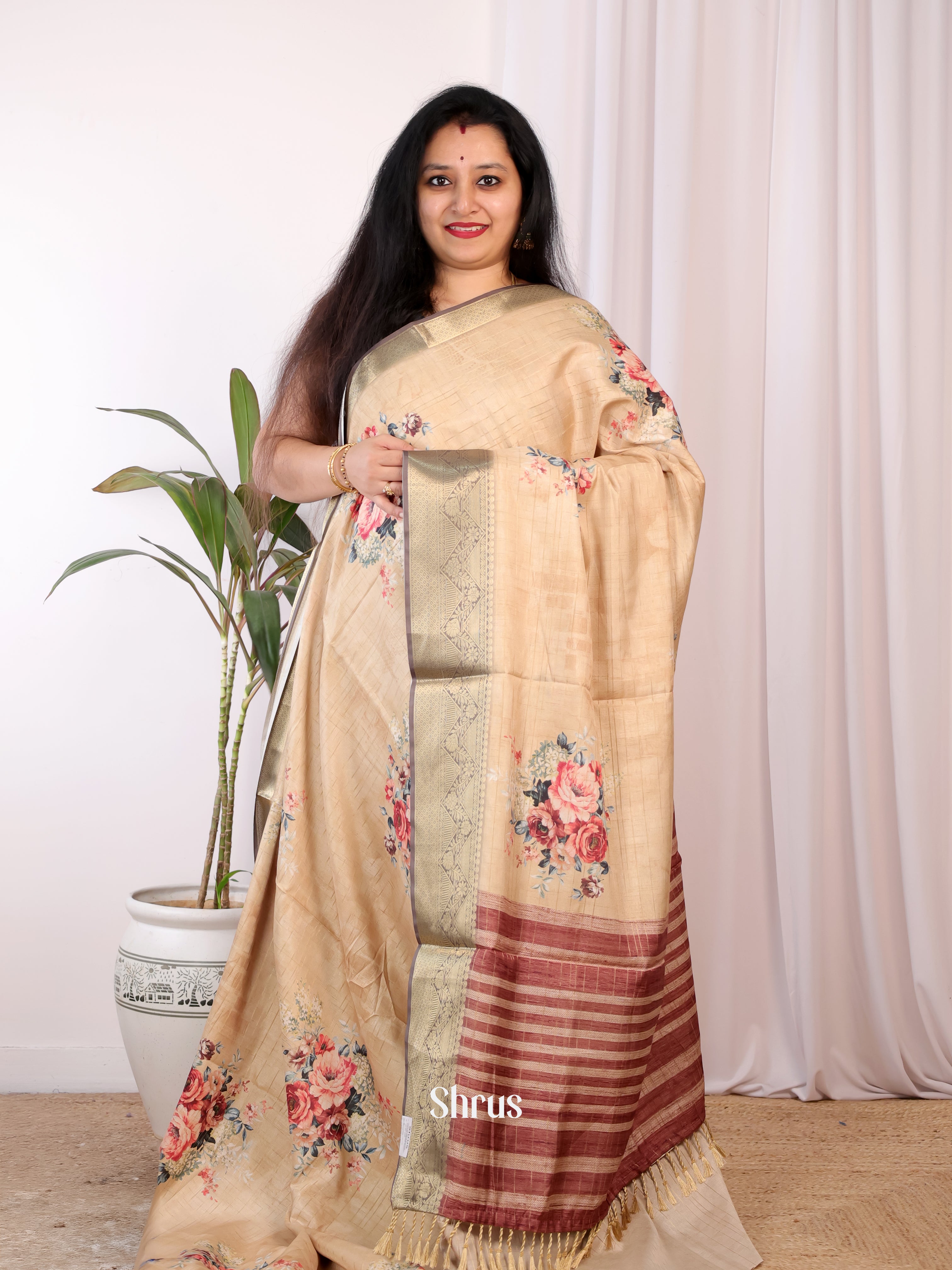 Lite Peach & Brown - Semi Chanderi Saree - Shop on Shrus.com