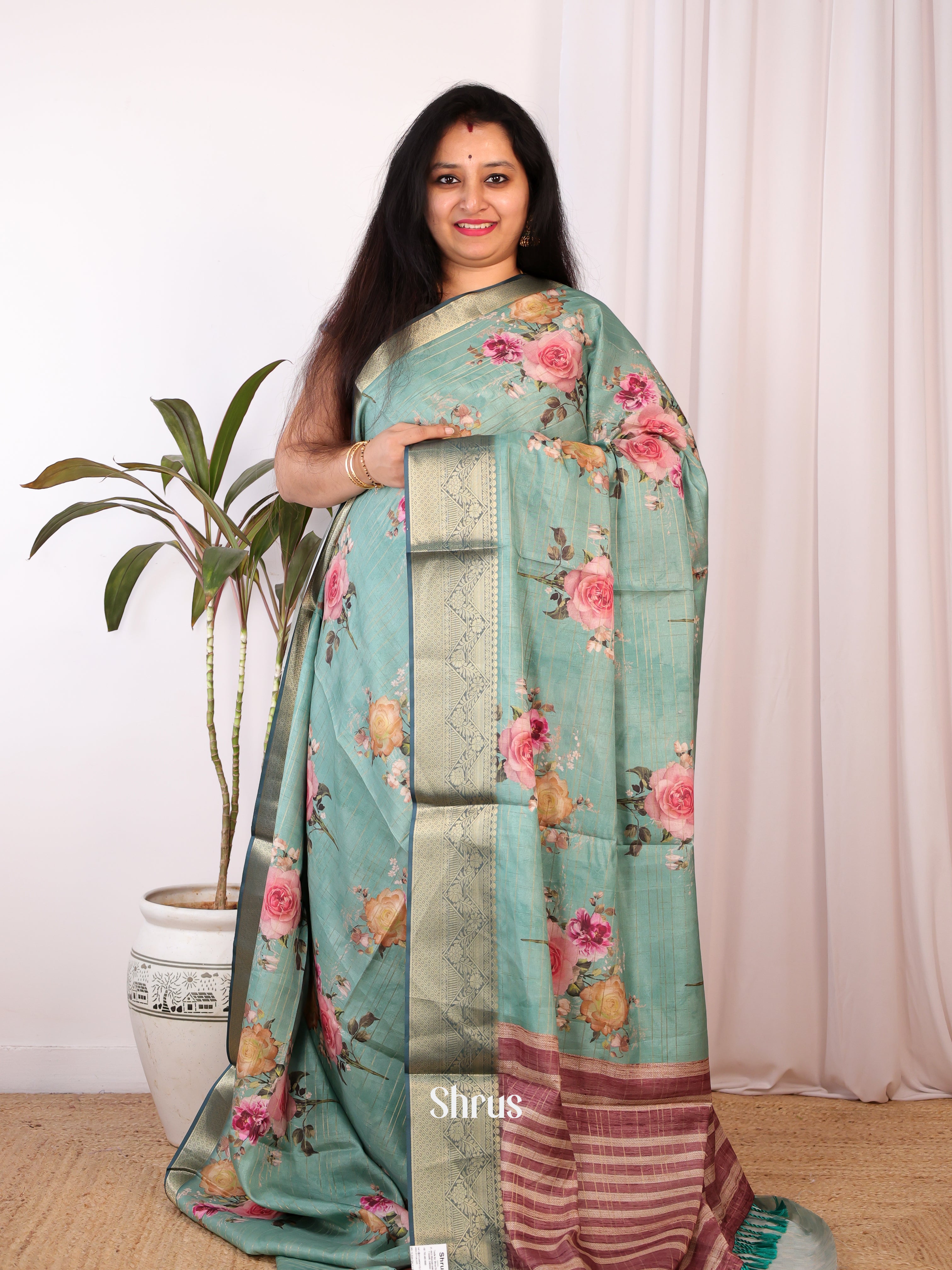 Teal & Brown - Semi Chanderi Saree - Shop on Shrus.com