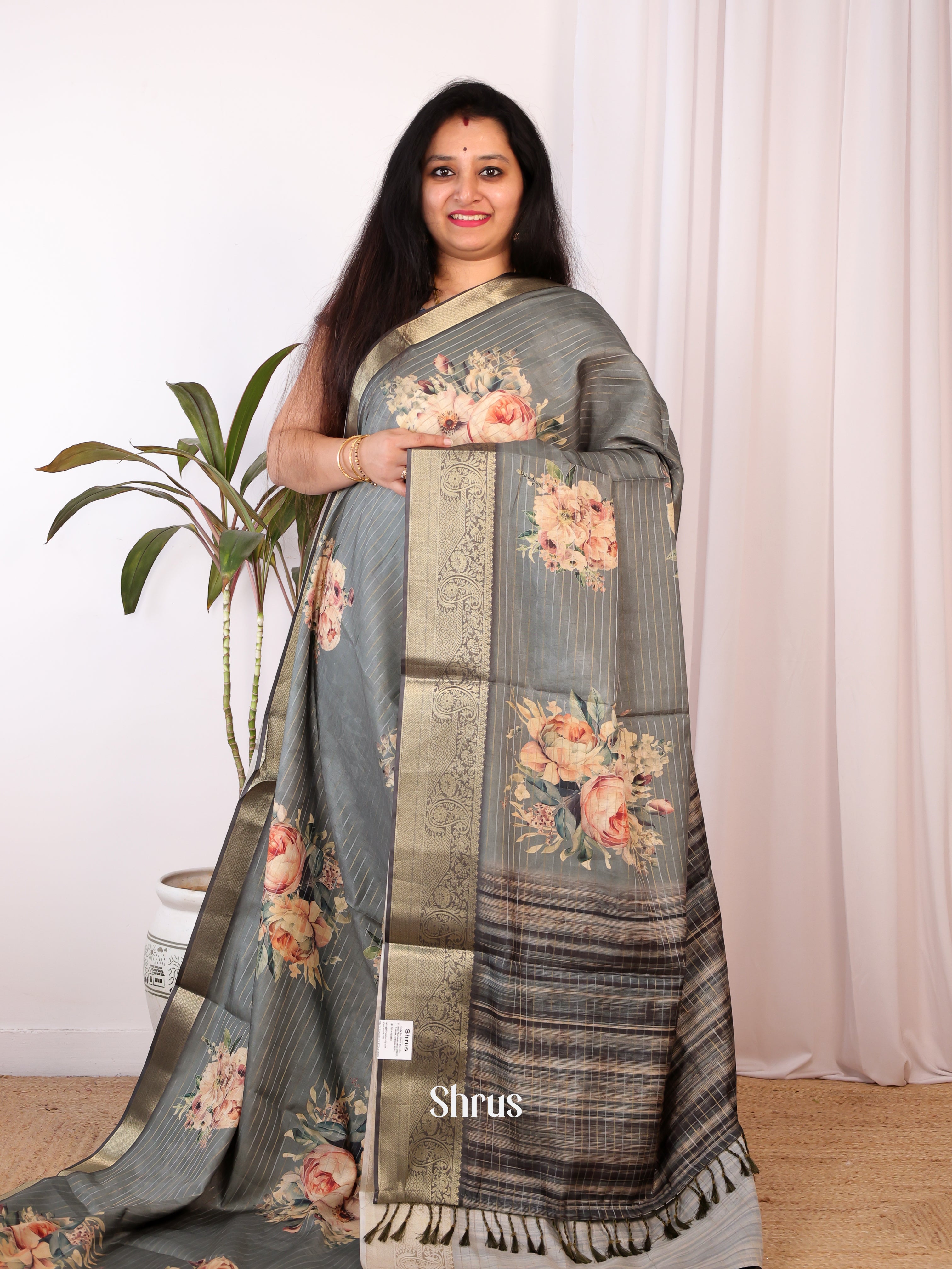 Grey - Semi Chanderi Saree - Shop on Shrus.com