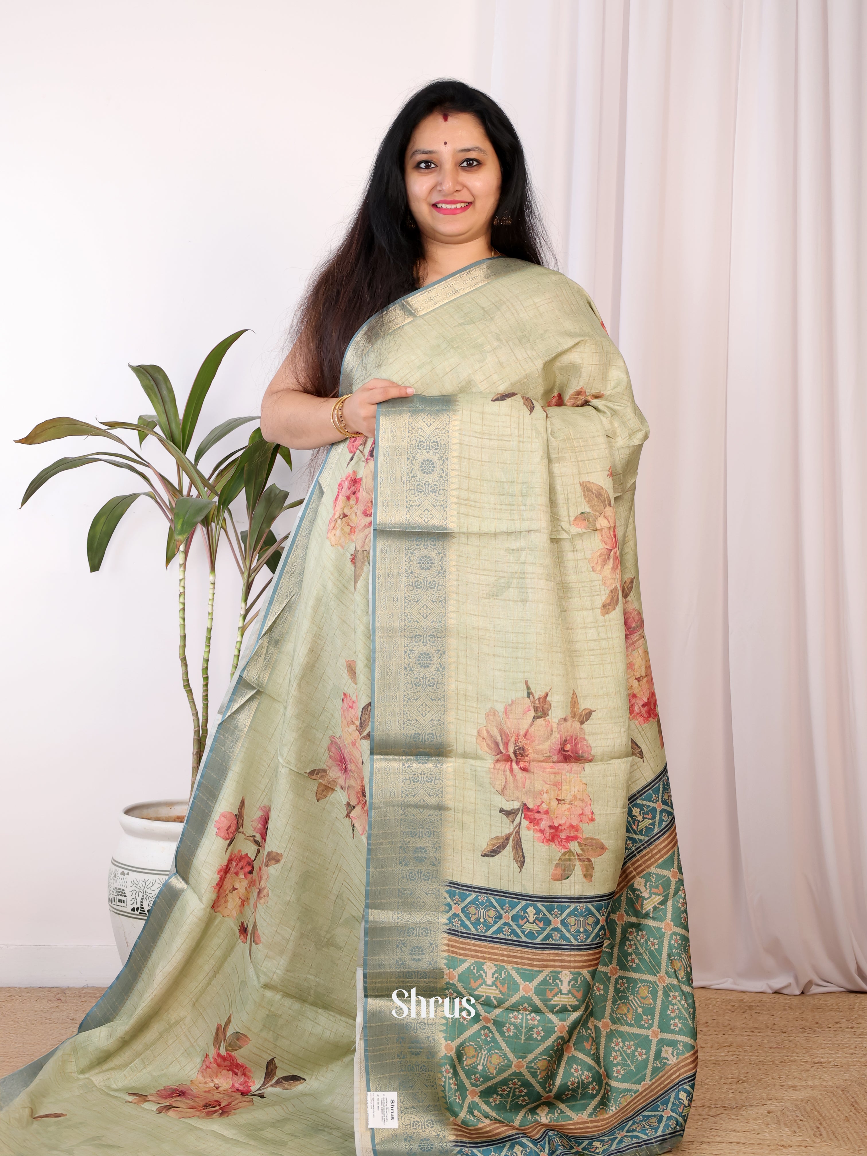 Green - Semi Chanderi Saree - Shop on Shrus.com