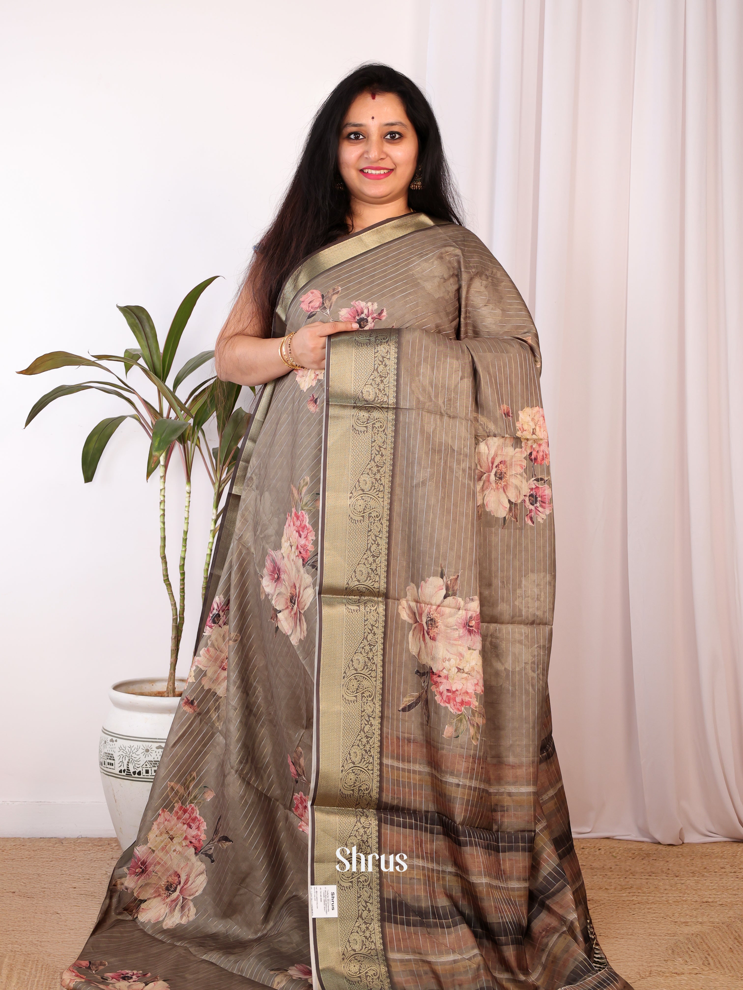 Grey & Brown - Semi Chanderi Saree - Shop on Shrus.com