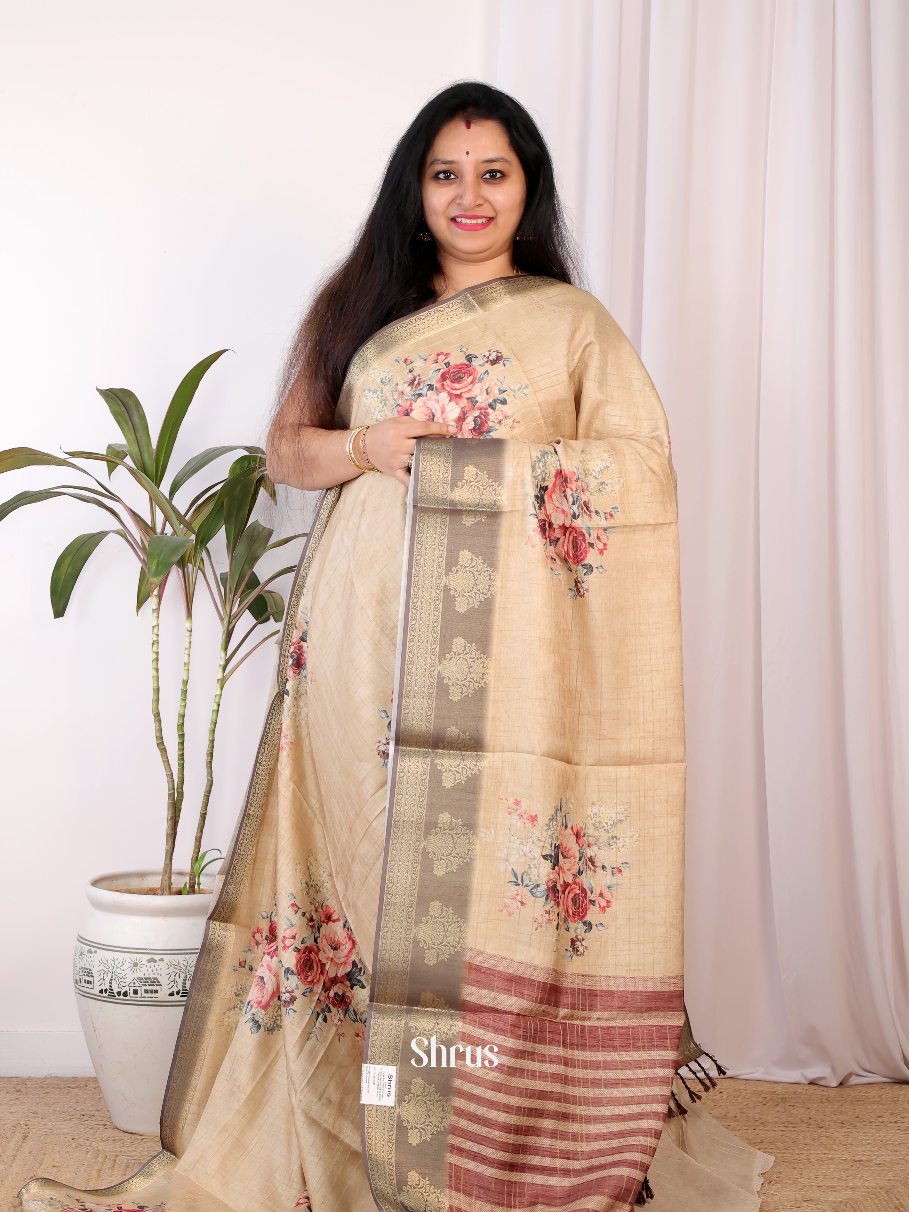 Cream & Grey - Semi Chanderi Saree - Shop on Shrus.com