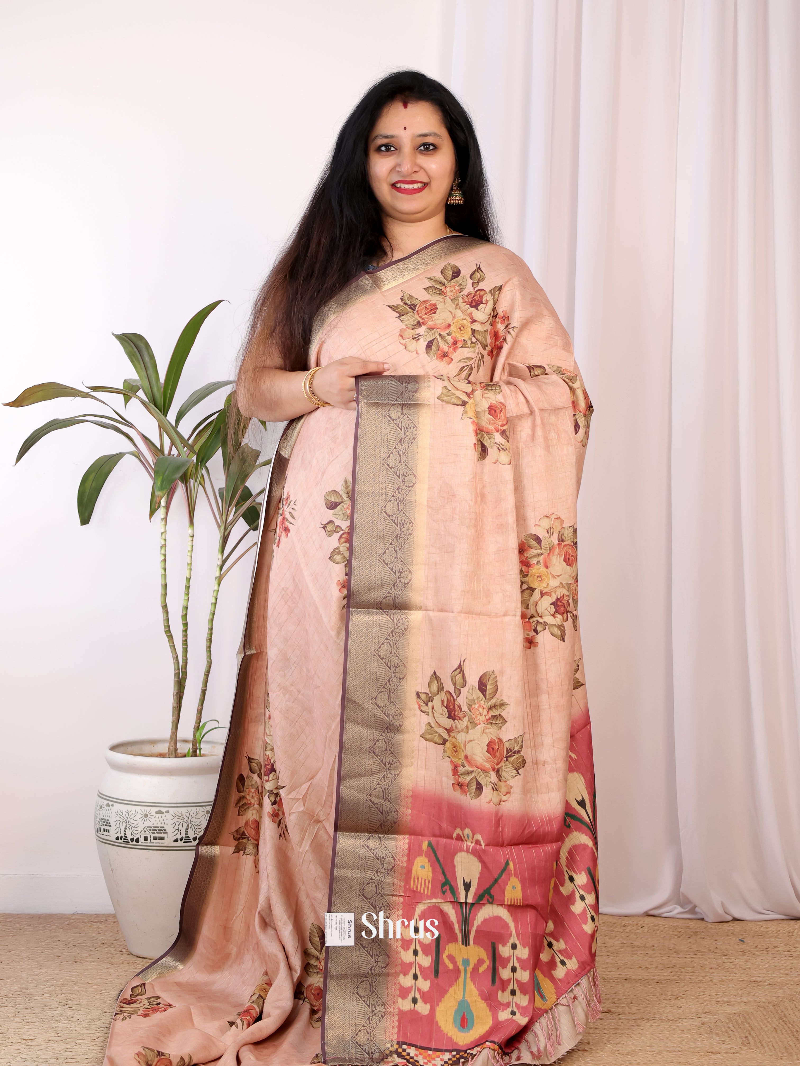 Peach & Brown - Semi Chanderi Saree - Shop on Shrus.com