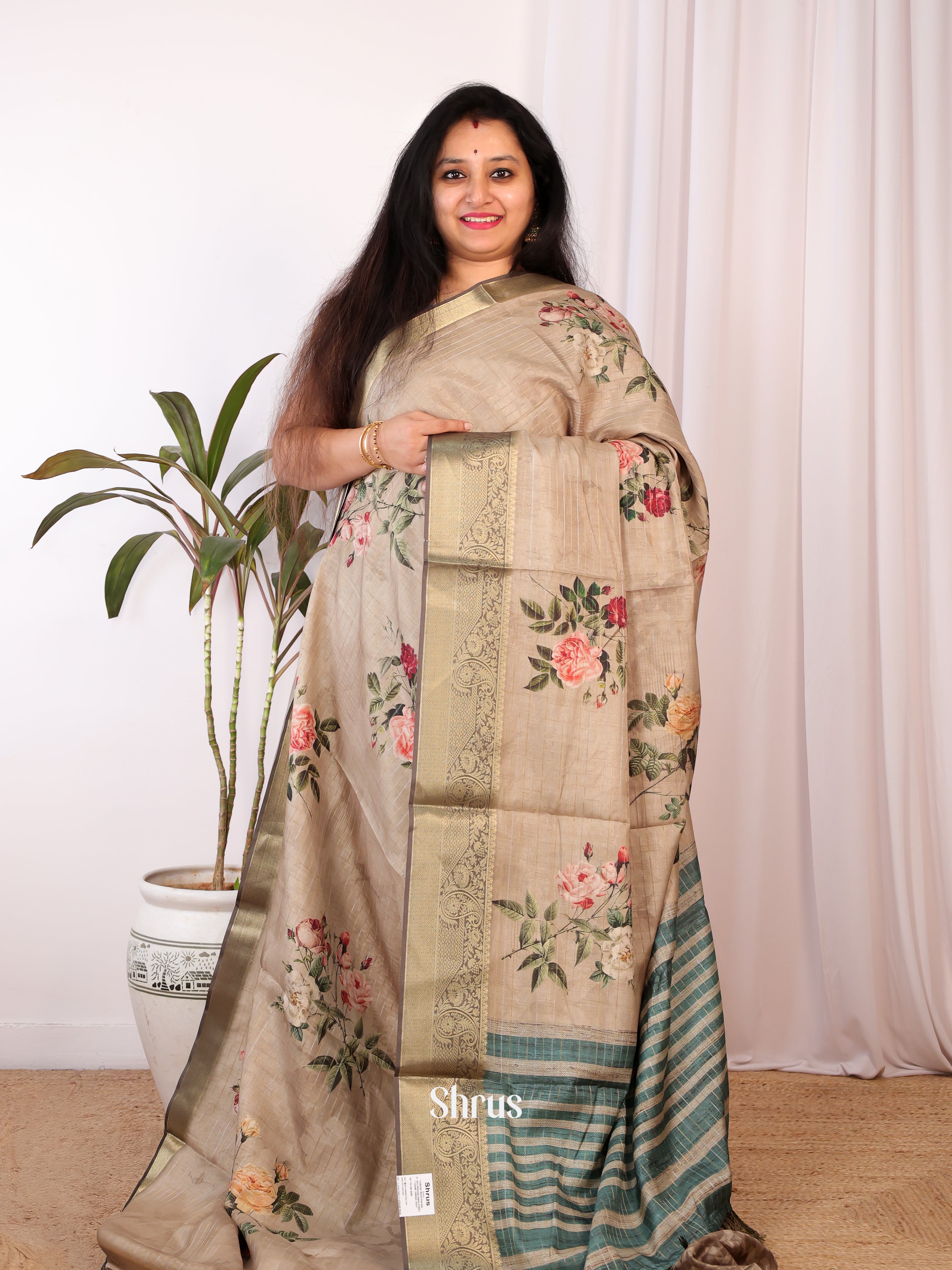 Lite Brown & Green- Semi Chanderi Saree - Shop on Shrus.com