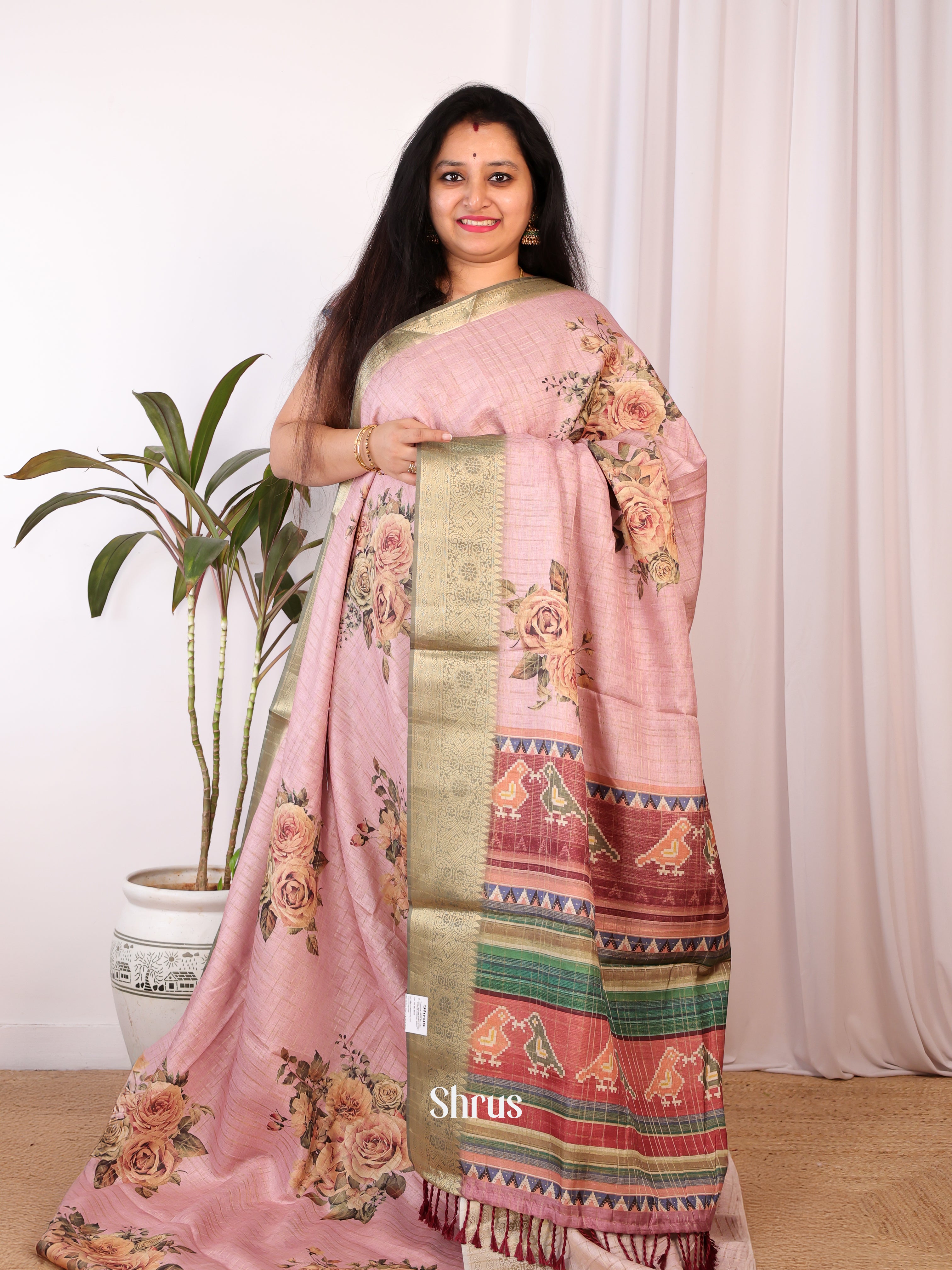 Pink - Semi Chanderi Saree - Shop on Shrus.com