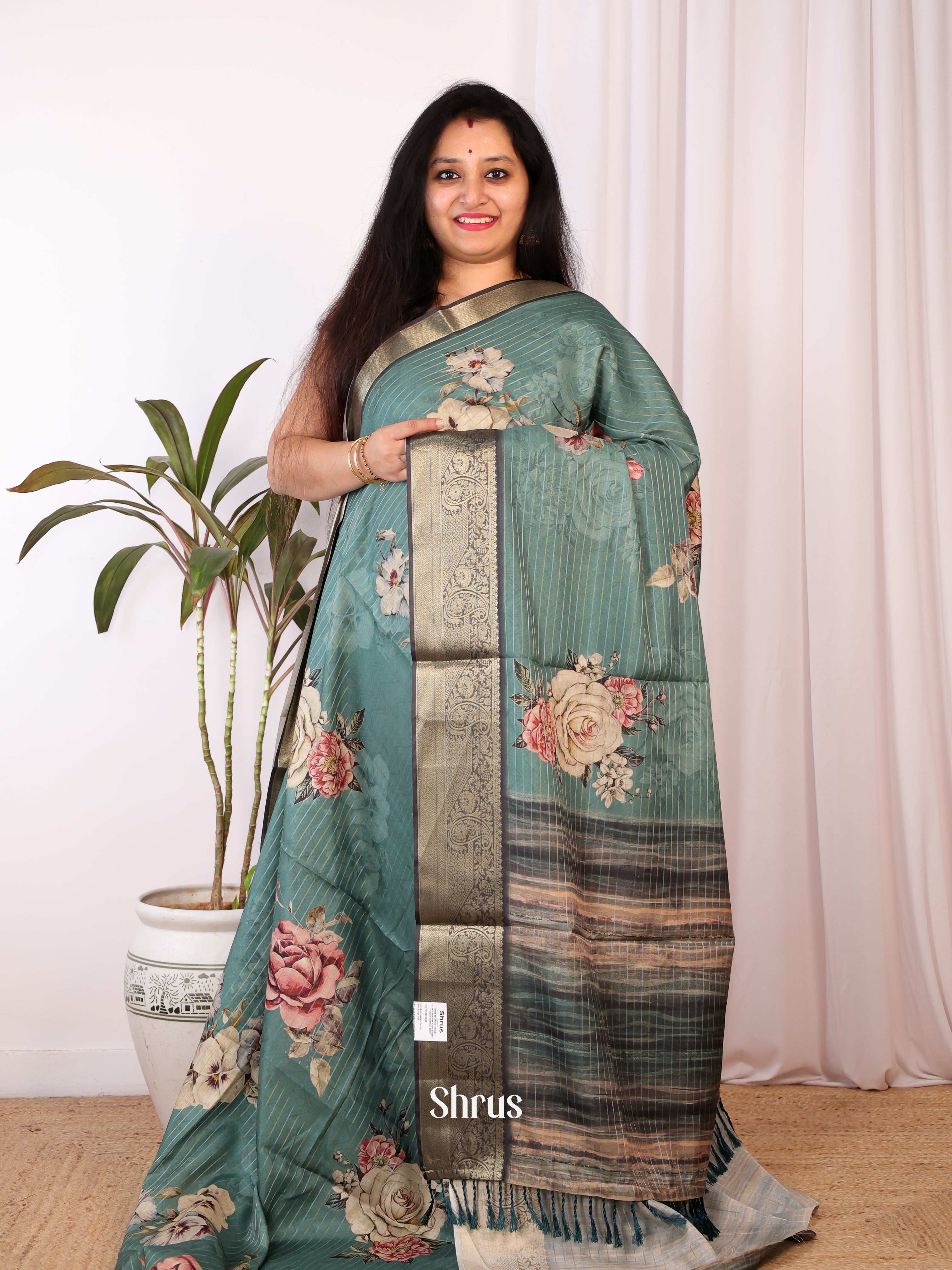 Green - Semi Chanderi Saree - Shop on Shrus.com
