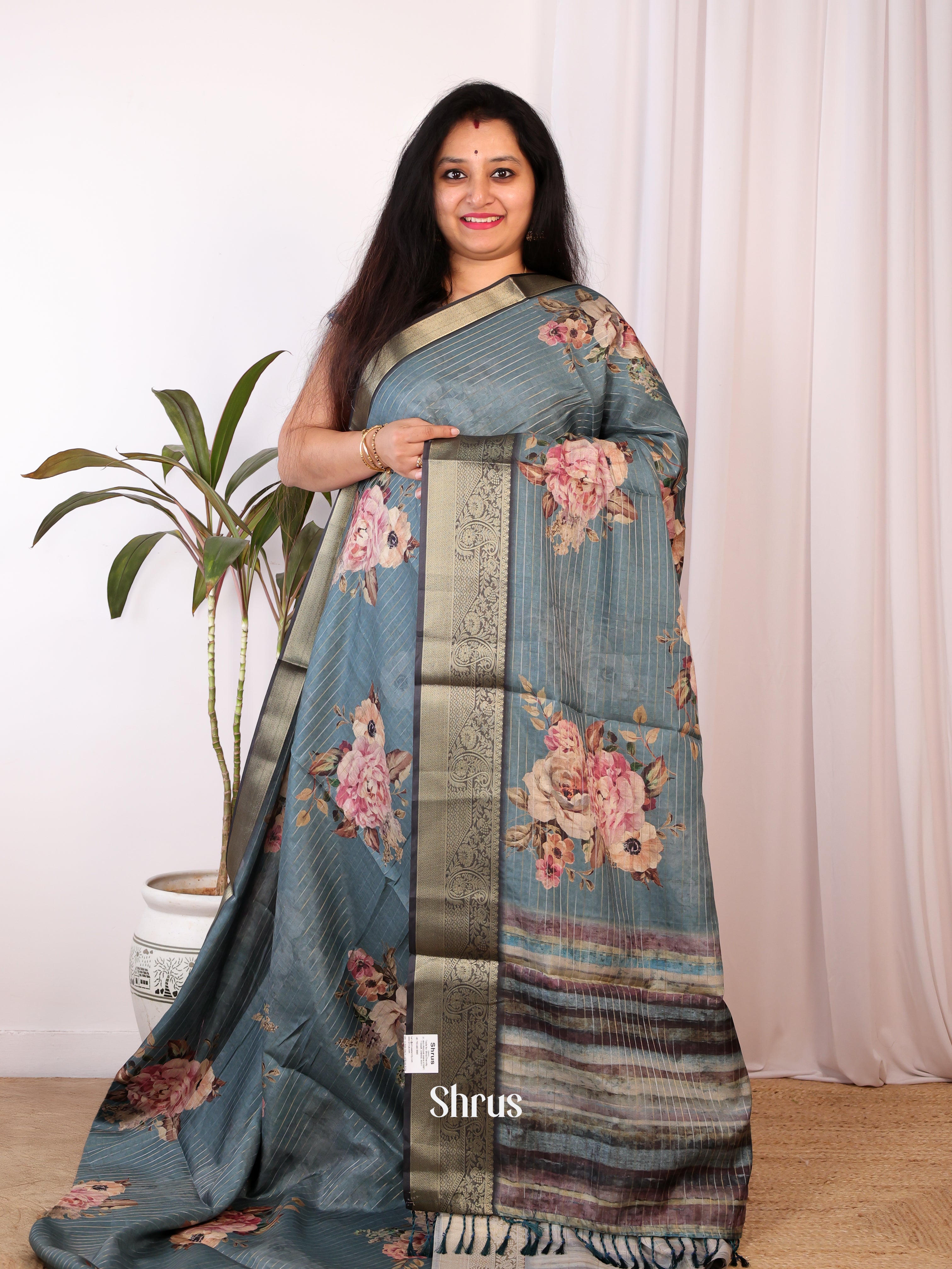 Greyish Blue & Brown- Semi Chanderi Saree - Shop on Shrus.com