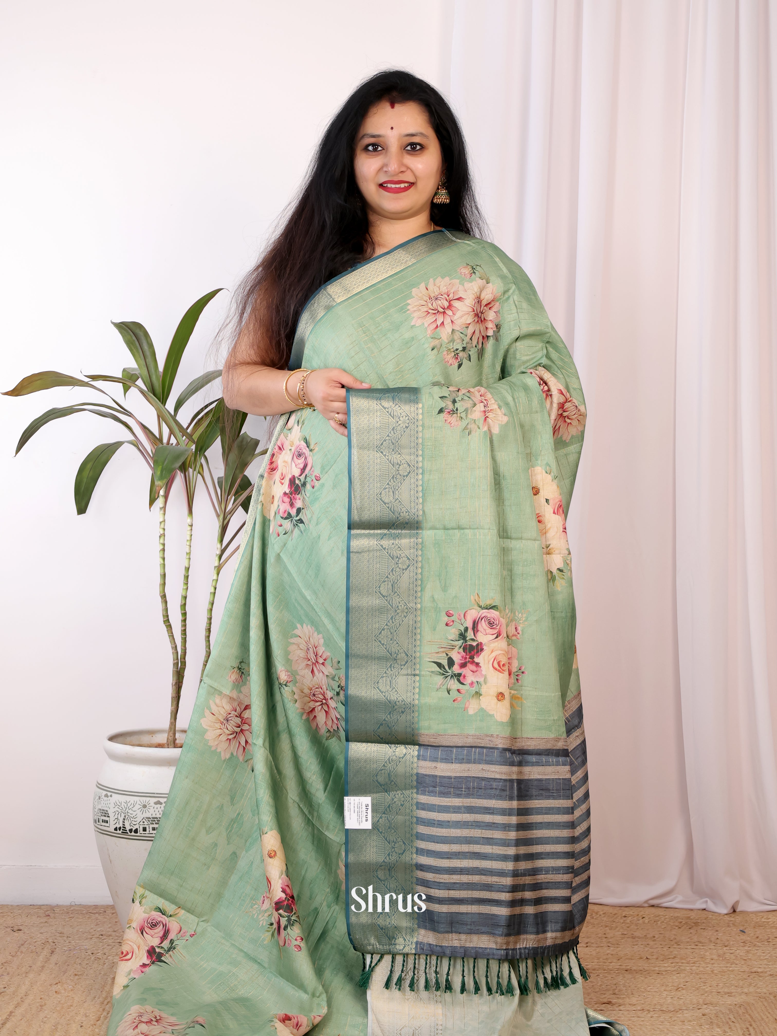 Pastel Green - Semi Chanderi Saree - Shop on Shrus.com
