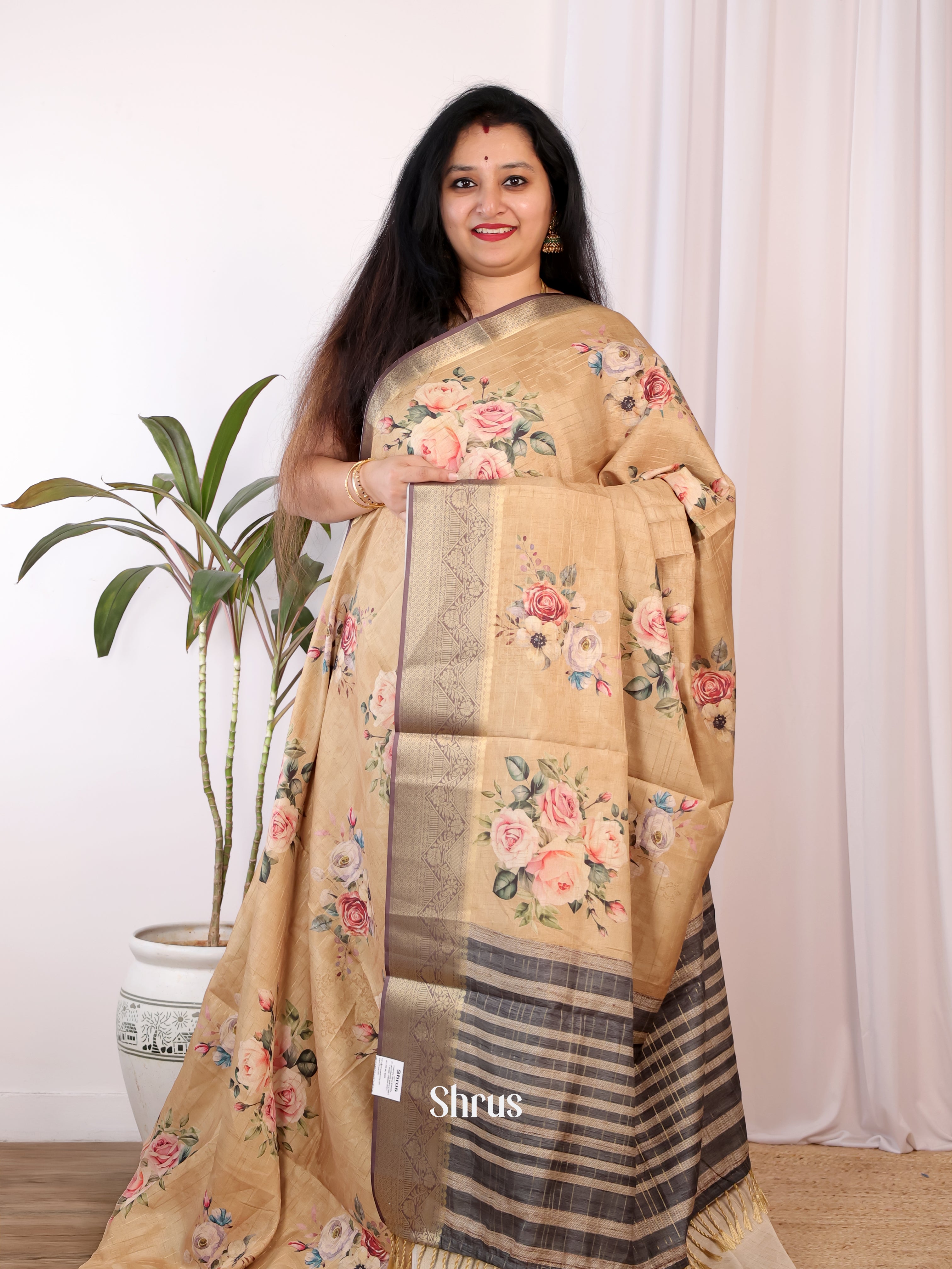 Beige & Mauve - Semi Chanderi Saree - Shop on Shrus.com