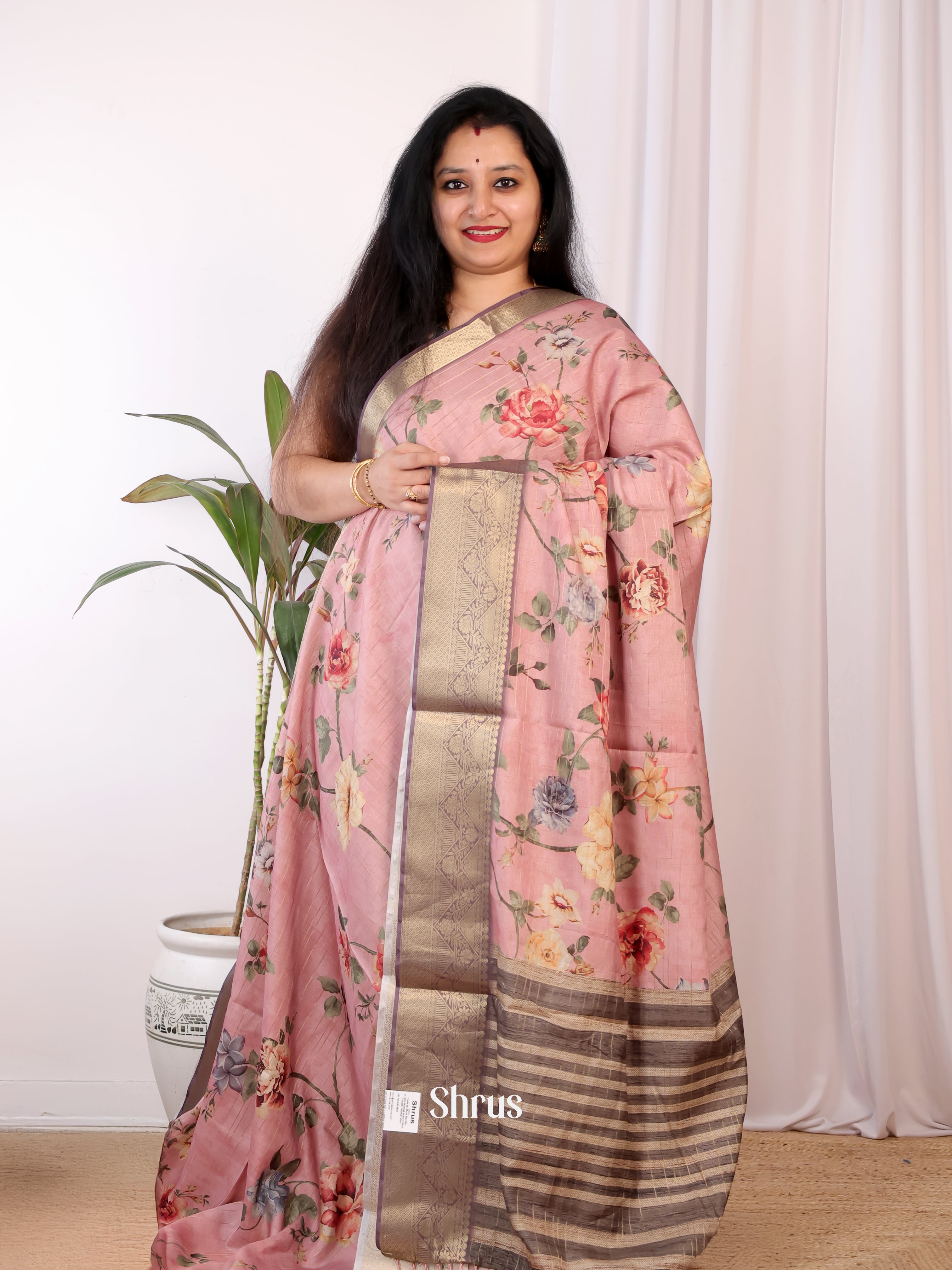 Pink & Brown - Semi Chanderi Saree - Shop on Shrus.com